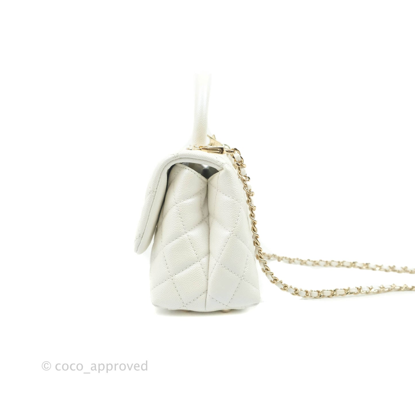 Chanel Mini Coco Handle Quilted Iridescent White Caviar Gold Hardware