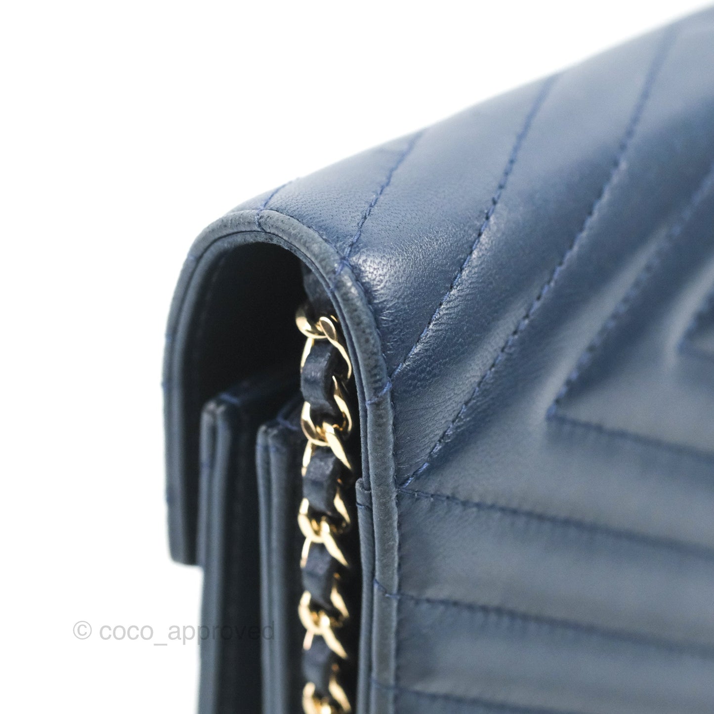 Chanel Square WOC Wallet On Chain Blue Lambskin Chevron Gold Hardware