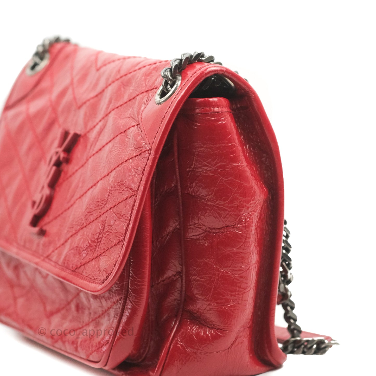 Saint Laurent Medium Crinkled Calfskin Matelasse Monogram Niki Chain Satchel Red Ruthenium Hardware