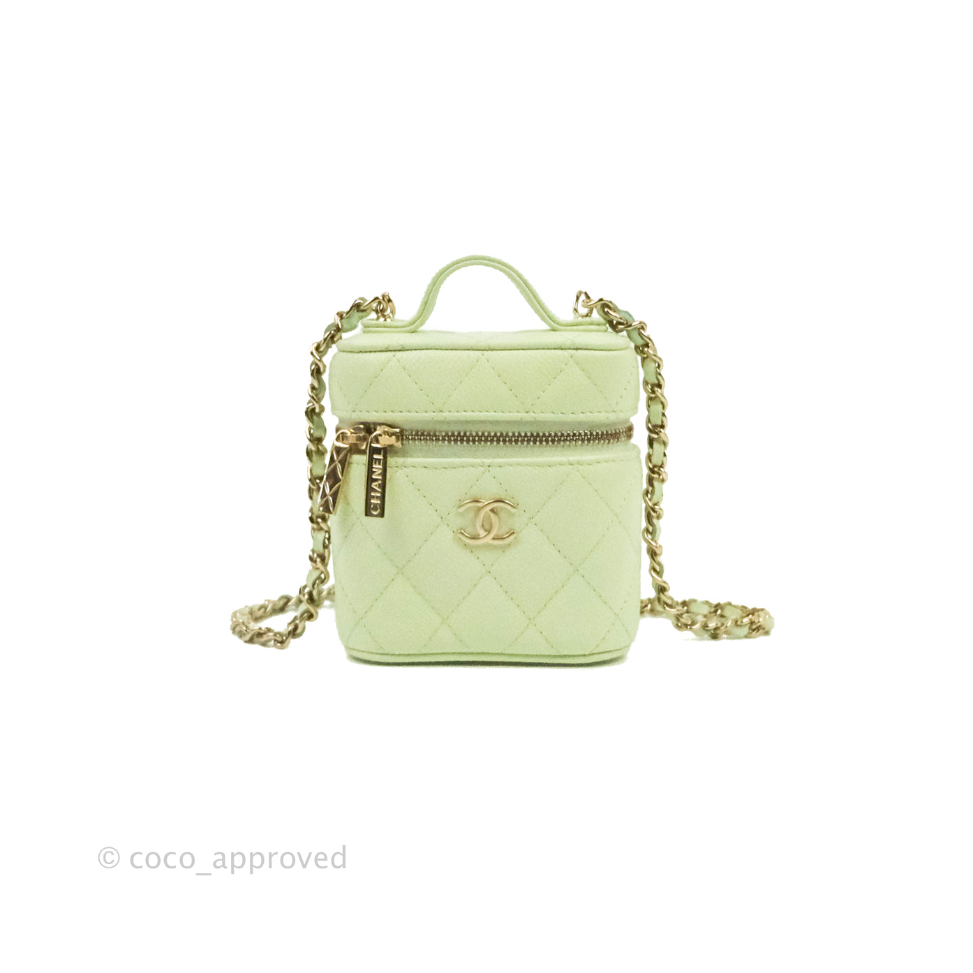 Chanel Quilted Small Handle With Care Vanity Case With Chain Green Caviar Gold Hardware