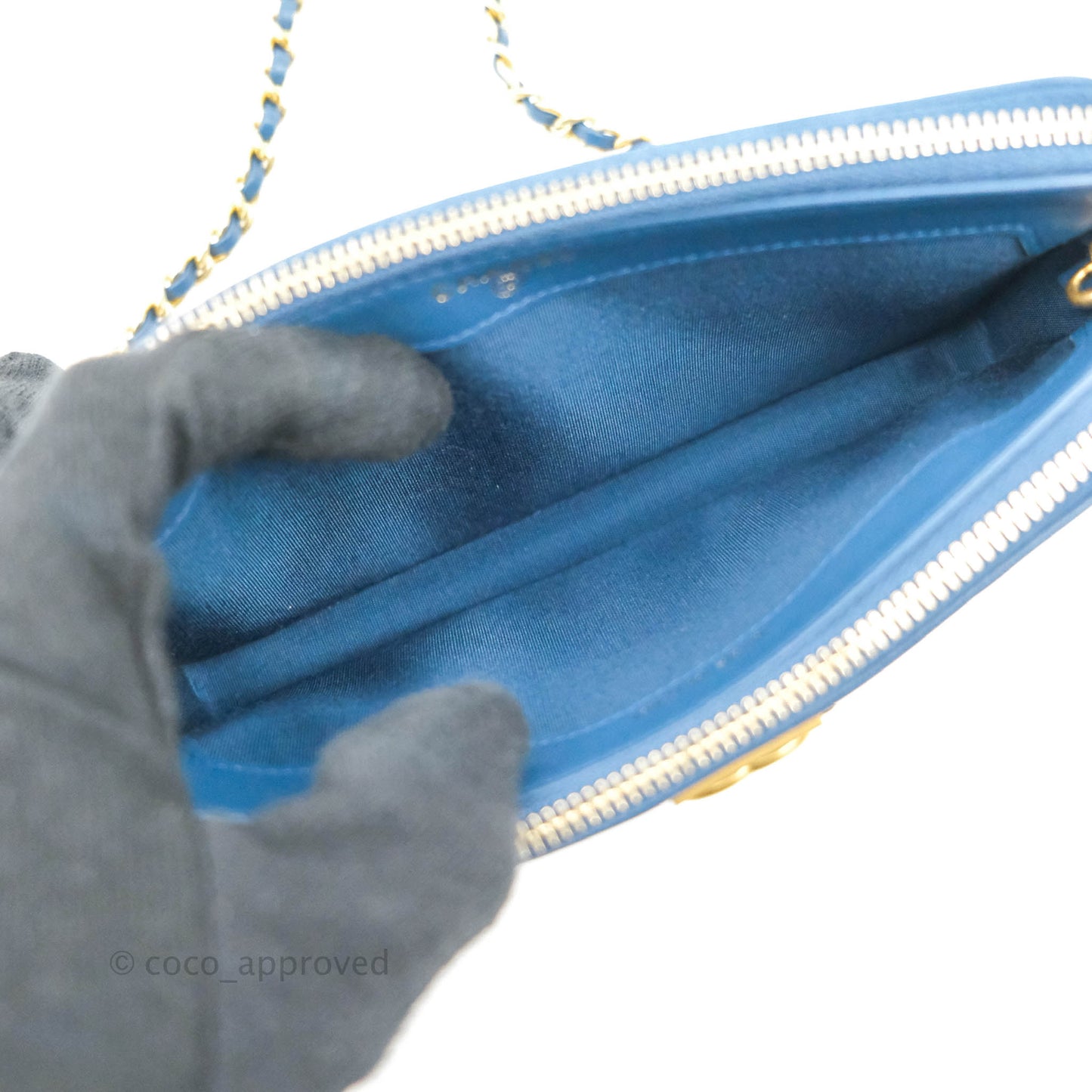 Chanel Boy Double Zip Clutch On Chain Blue Lambskin Aged Gold Hardware