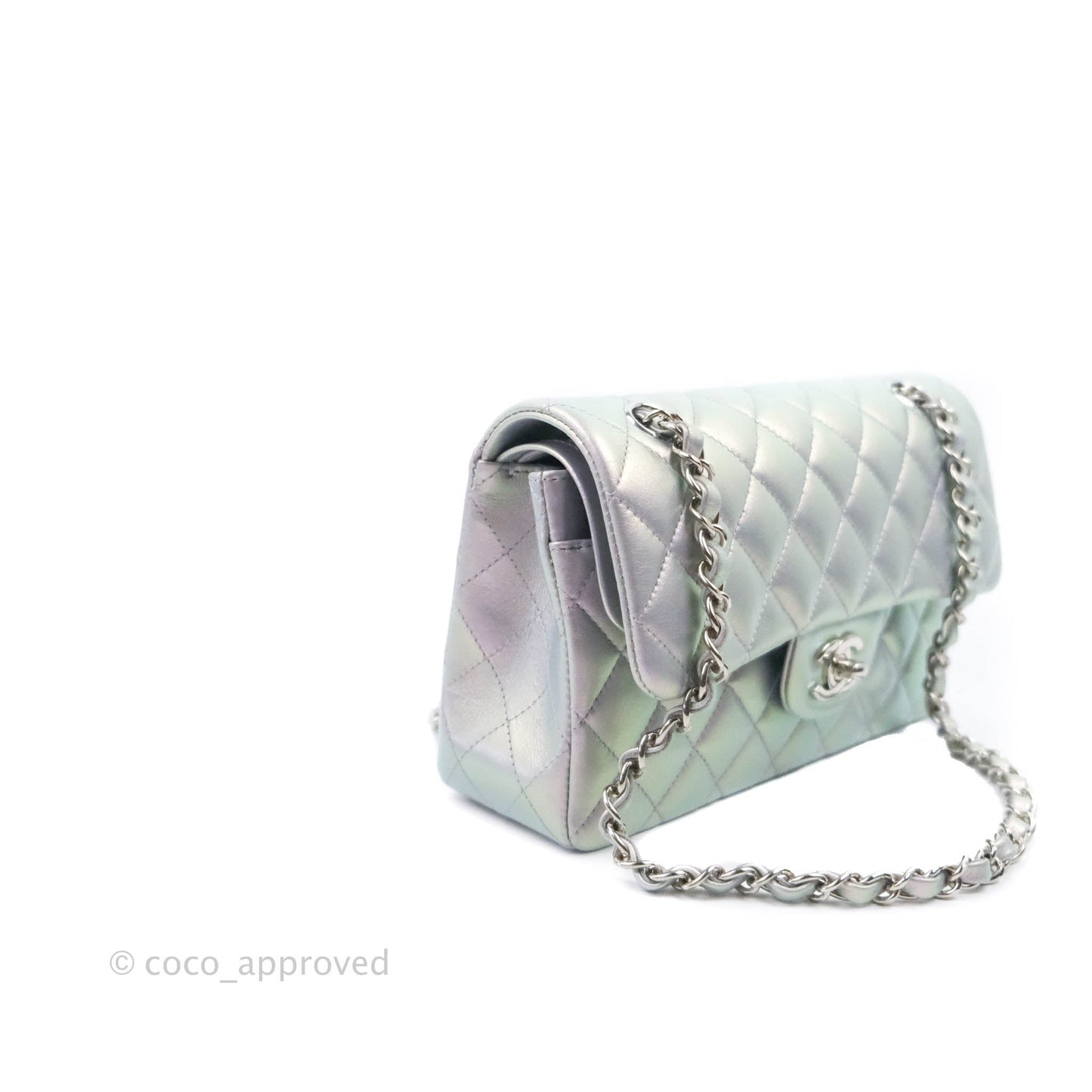 Chanel Small Classic Quilted Flap Metallic Iridescent White Lilac Silver Hardware