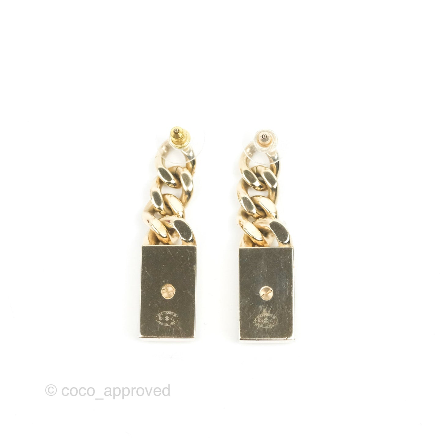 Chanel Chain CC Crystal Plate Drop Earrings Gold Tone 21C