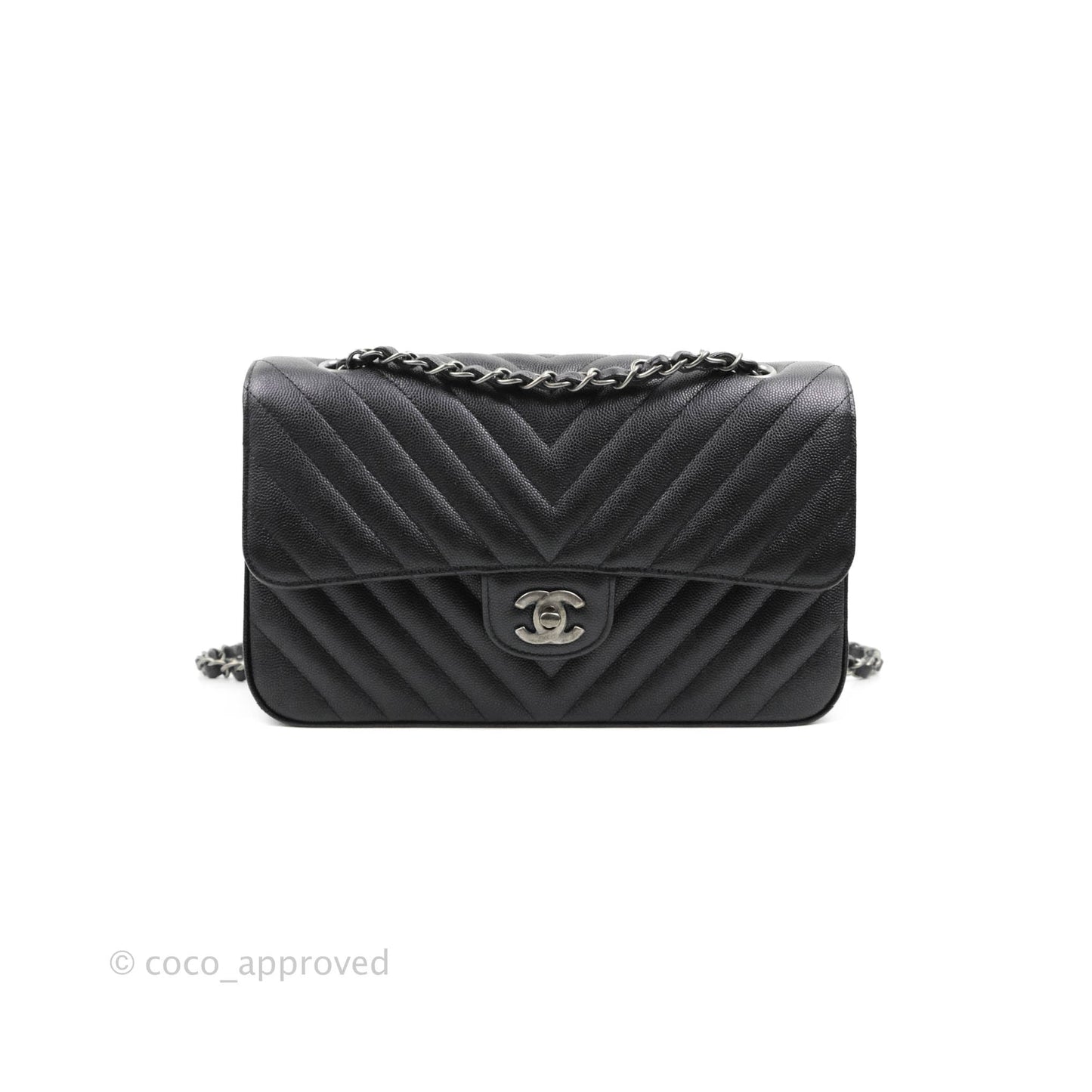 Chanel Classic M/L Medium Chevron Double Flap Iridescent Black Caviar Ruthenium Hardware 17B