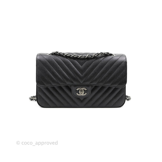 Chanel Classic M/L Medium Chevron Double Flap Iridescent Black Caviar Ruthenium Hardware 17B
