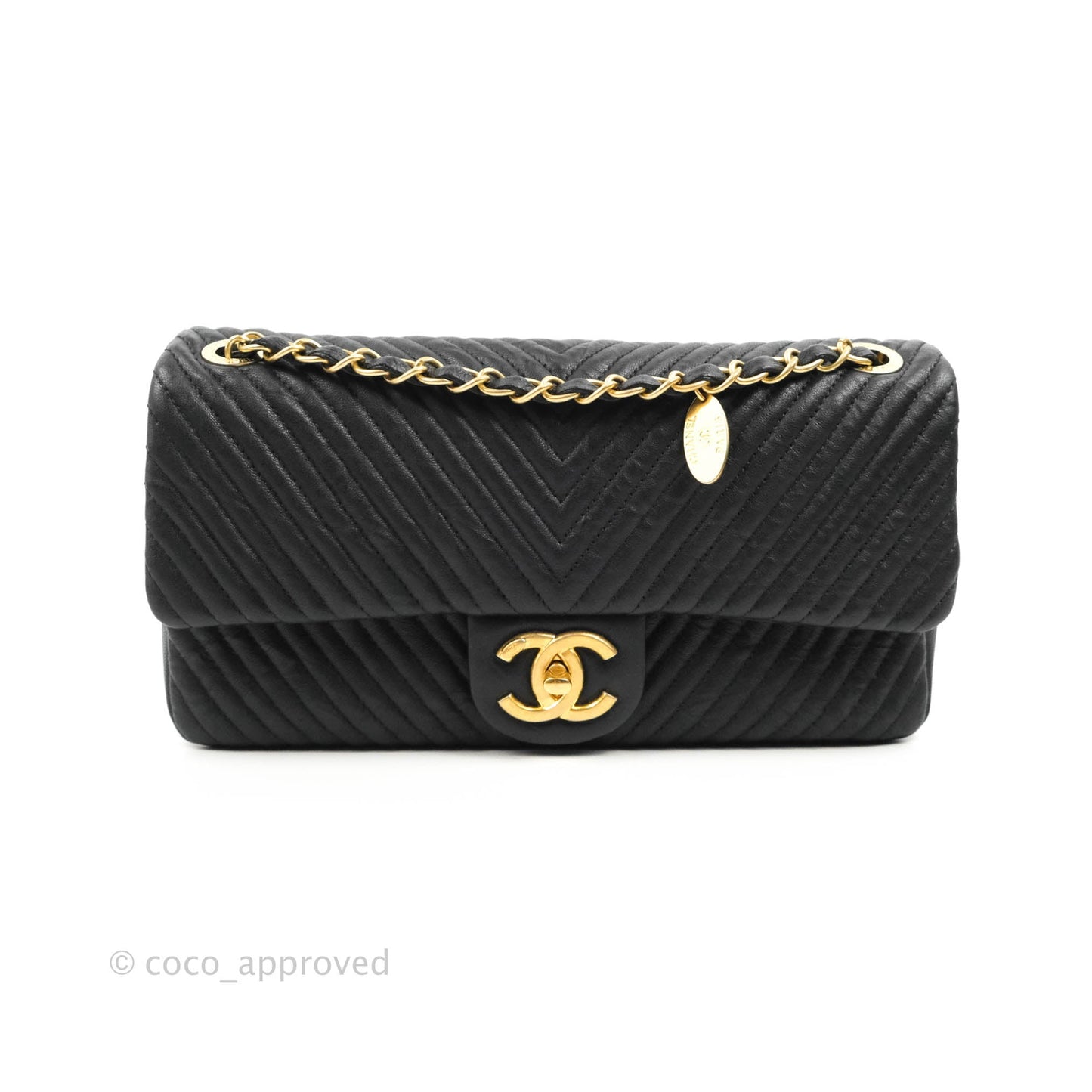 Chanel Medium Chevron Surpique Flap Black Calfskin Aged Gold Hardware