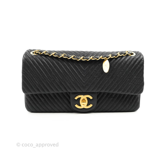 Chanel Medium Chevron Surpique Flap Black Calfskin Aged Gold Hardware