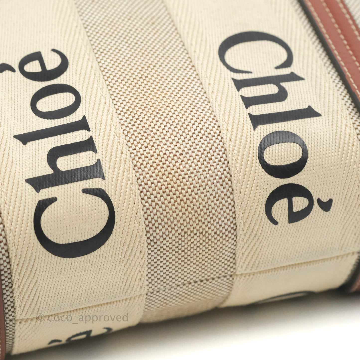 Chloe Small Woody Tote Bag Cotton Canvas & Brown Calfskin with Woody Ribbon