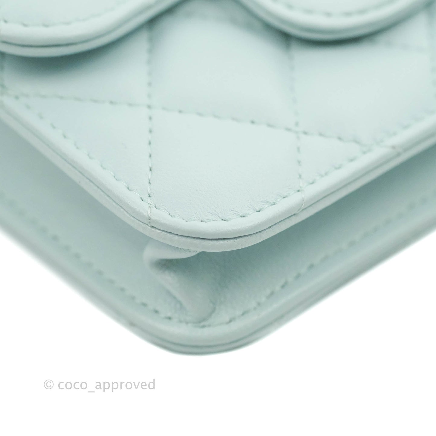 Chanel Mini Handle Flap Coin Purse With Chain Light Blue Lambskin Gold Hardware