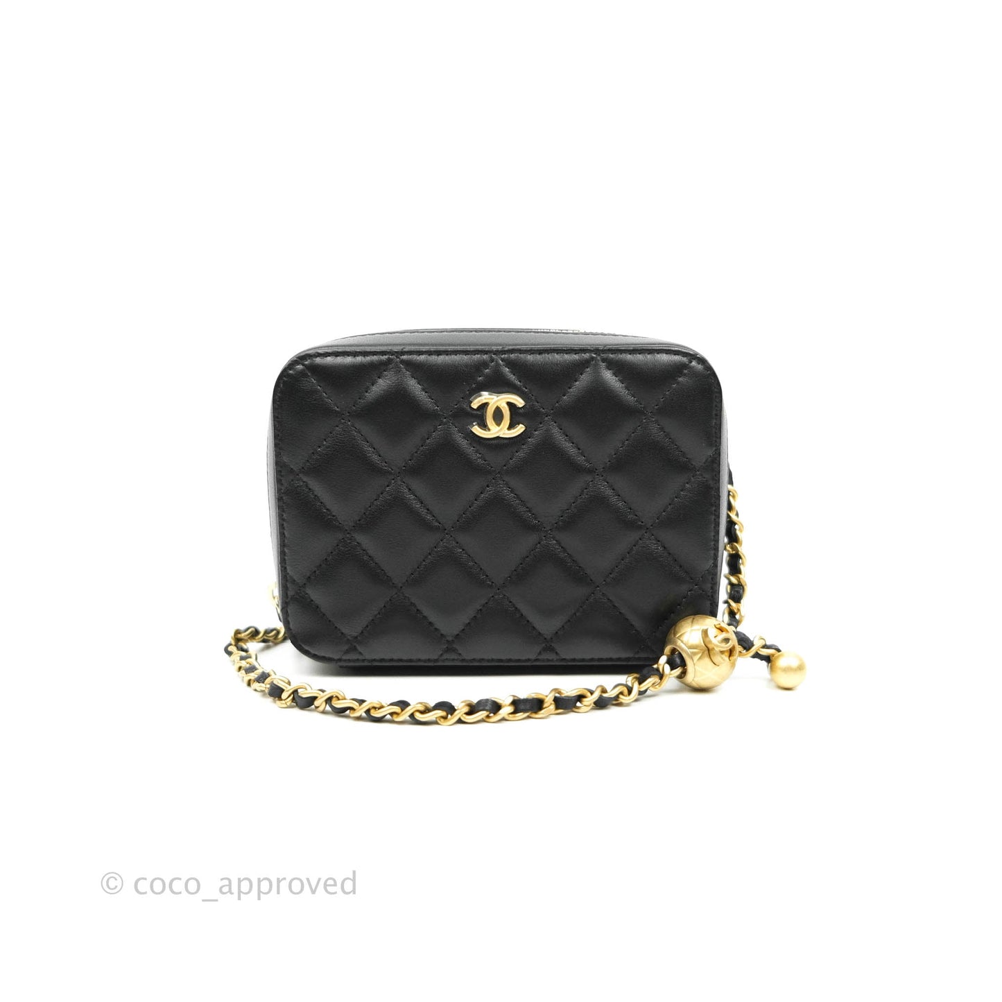 Chanel Mini Pearl Crush Quilted Camera Case Black Lambskin Aged Gold Hardware