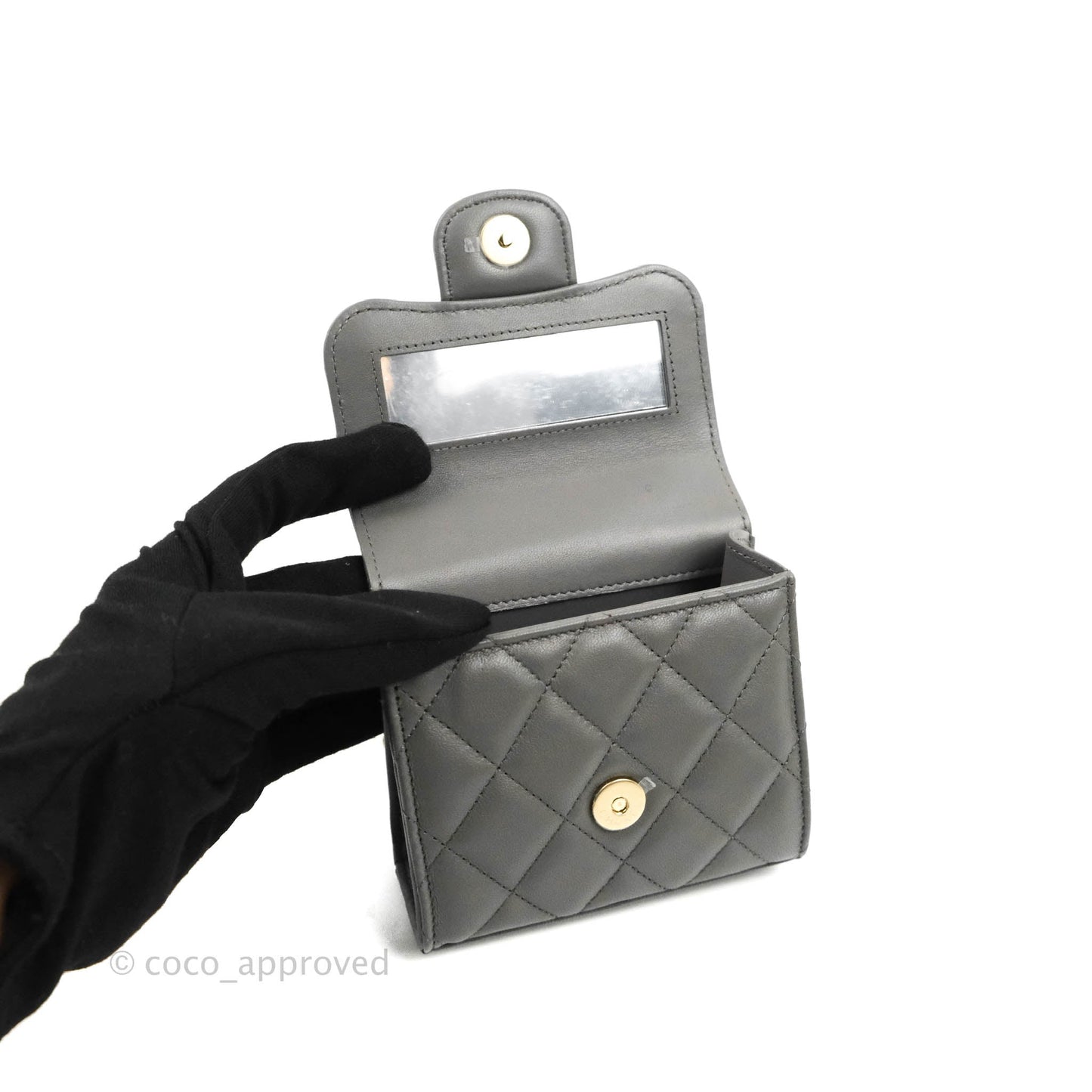 Chanel Mini Handle Clutch With Chain Grey Lambskin Gold Hardware