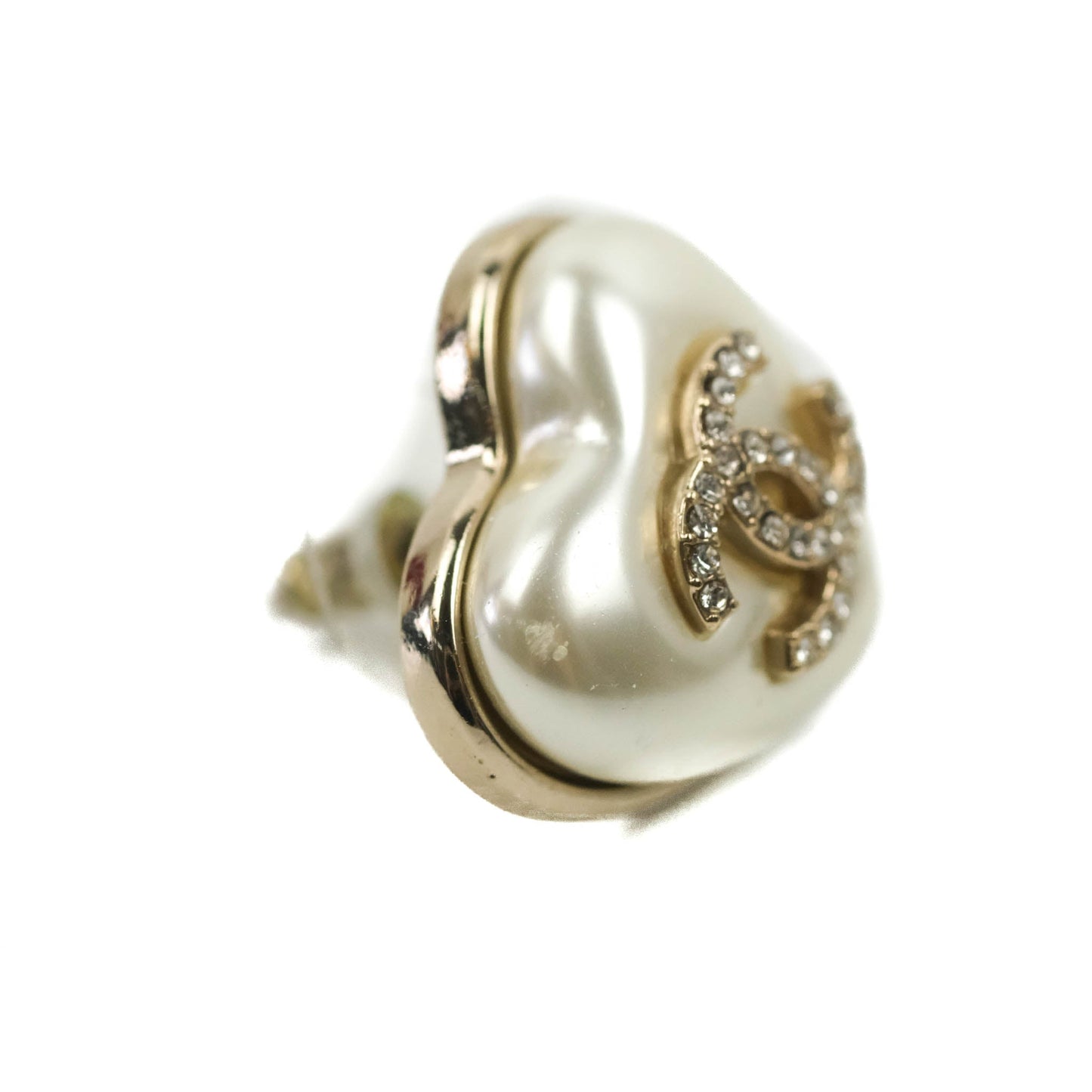 Chanel Crystal CC Pearl Heart Earrings Gold Tone 20A