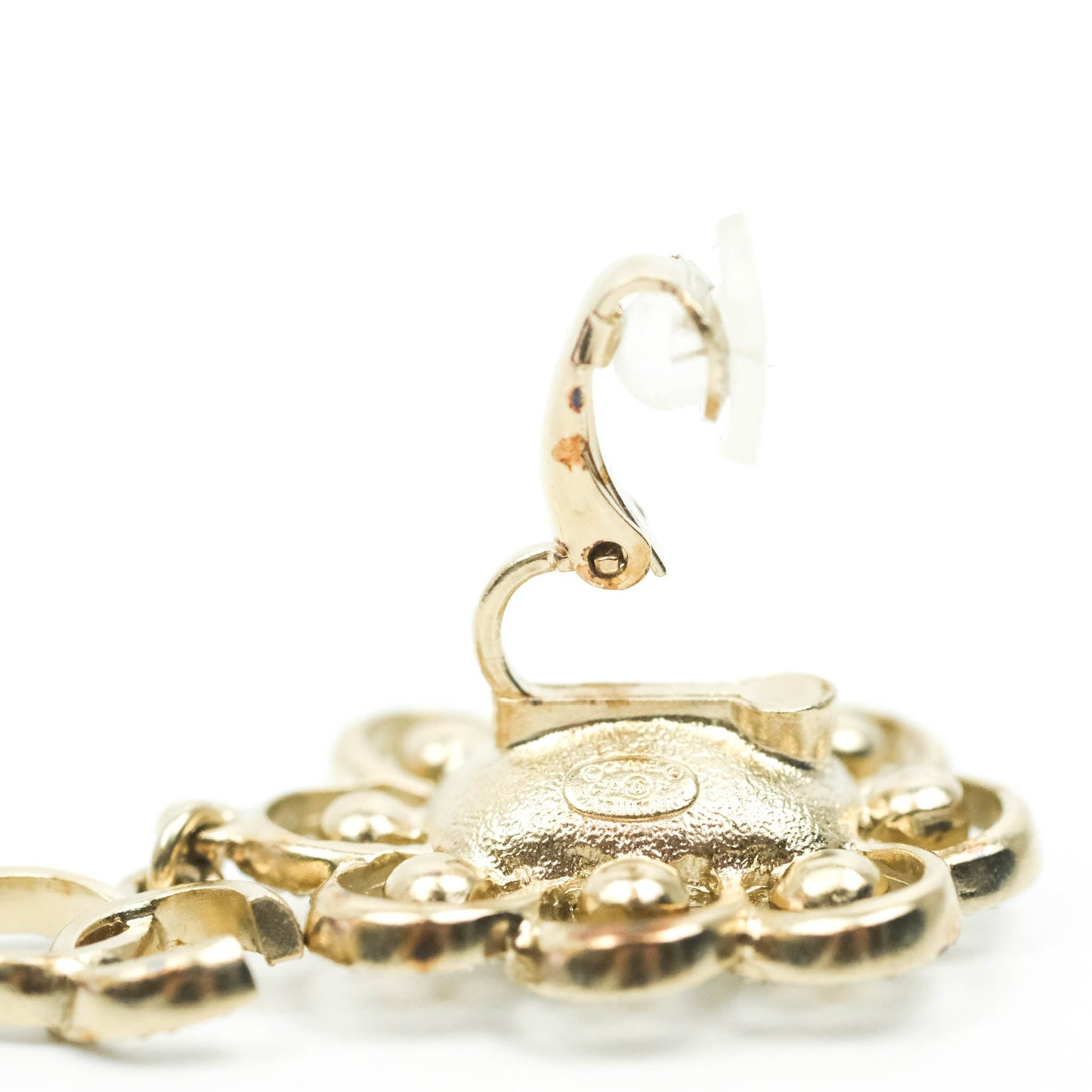 Chanel Crystal Pearl Drop CC Earrings Clip-On Gold Tone 19P