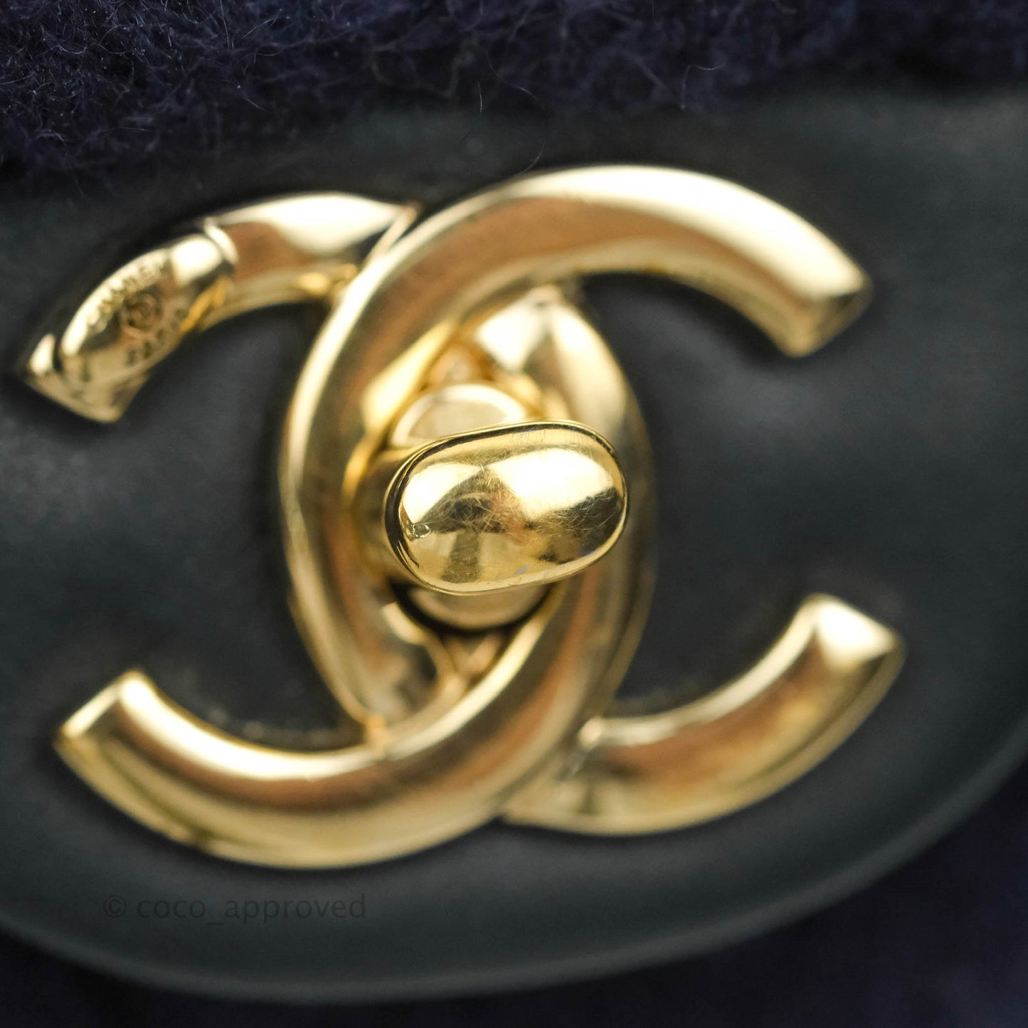 Chanel Mini Rectangular Flap Navy Blue Cable Knit Gold Hardware
