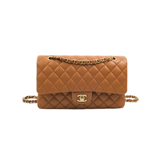Chanel Classic M/L Medium Flap Quilted Dark Beige Caramel Lambskin Gold Hardware