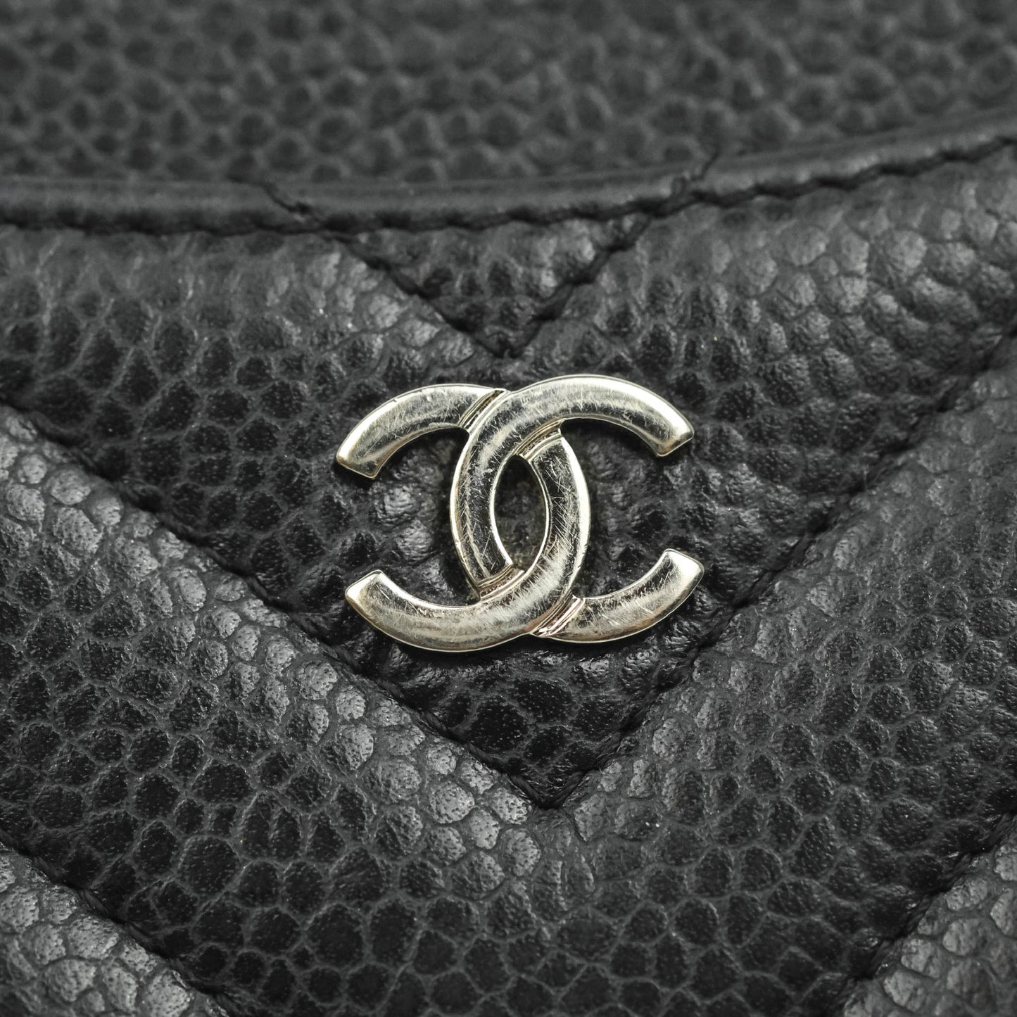 Chanel Classic Chevron Flat Card Holder Black Caviar Silver Hardware