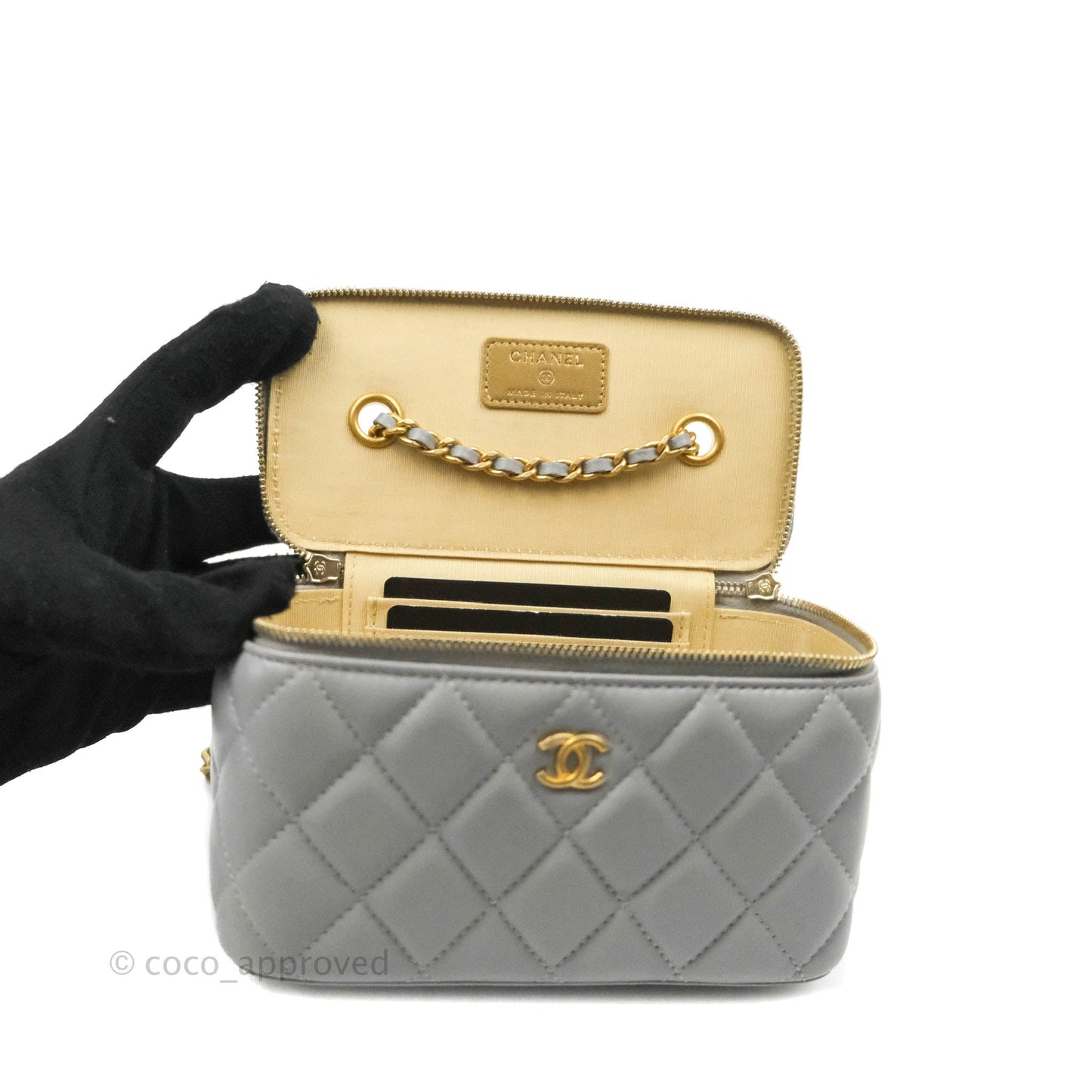 Chanel Vanity with Pearl Crush Chain Grey Lambskin Aged Gold Hardware
