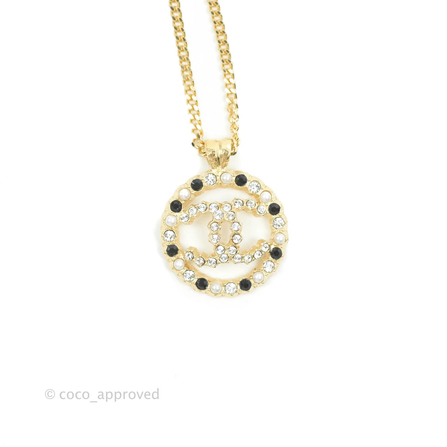 Chanel CC Pendant Necklace Gold Black White Crystal