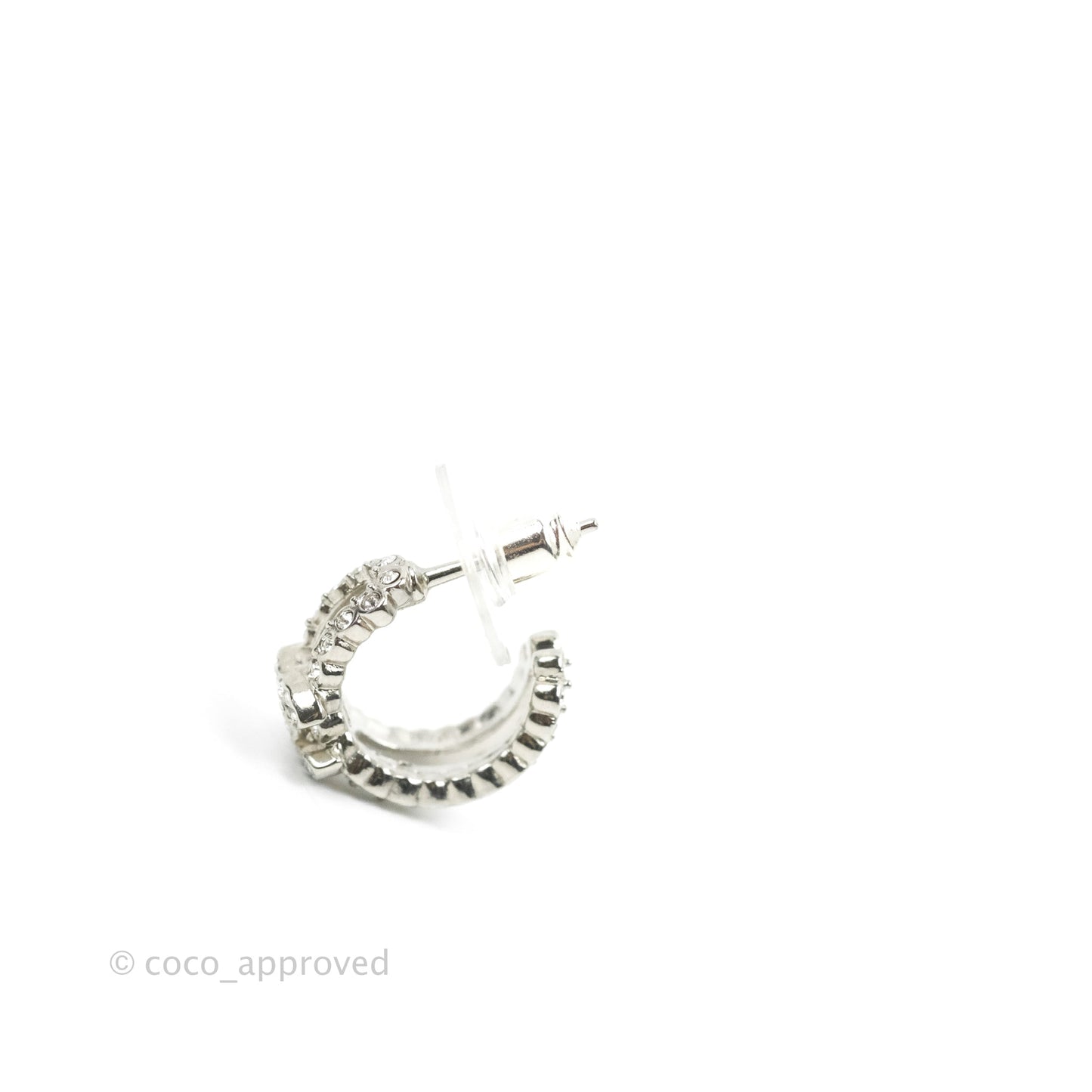 Chanel CC Crystal Hoop Earrings Silver Tone 22B