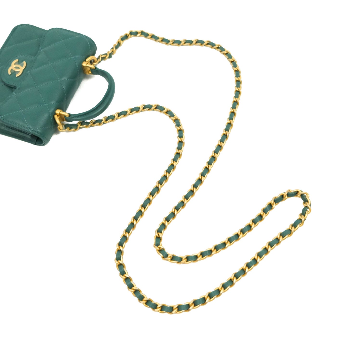 Chanel Mini Handle Flap Coin Purse With Chain Green Lambskin Gold Hardware