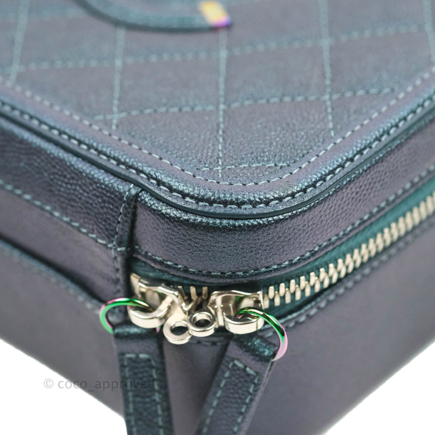 Chanel Quilted Medium CC Filigree Vanity Case Iridescent Dark Turquoise Caviar Rainbow Hardware