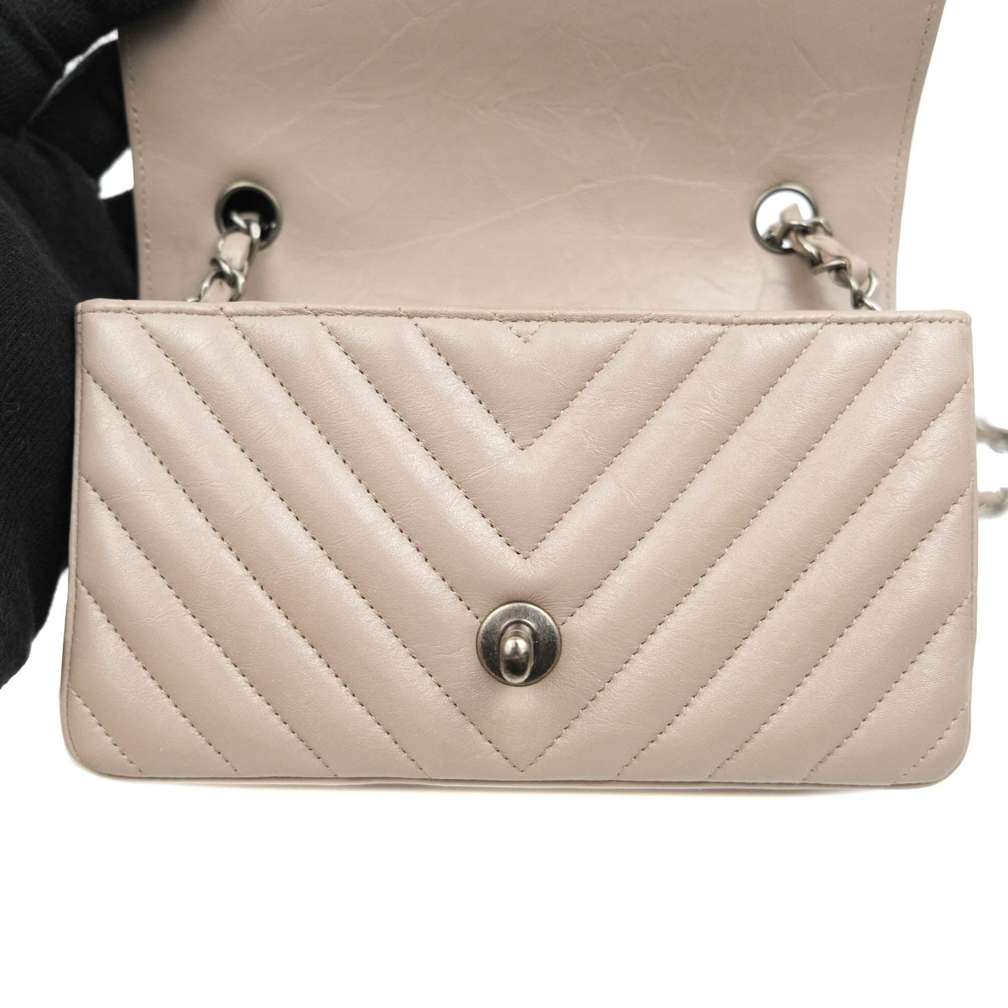 Chanel Chevron Mini Rectangular Flap Taupe Grey Calfskin Ruthenium Hardware 18B