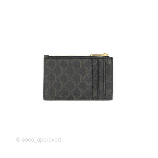 Celine Zipped Card Holder Triomphe Canvas Tan Lambskin