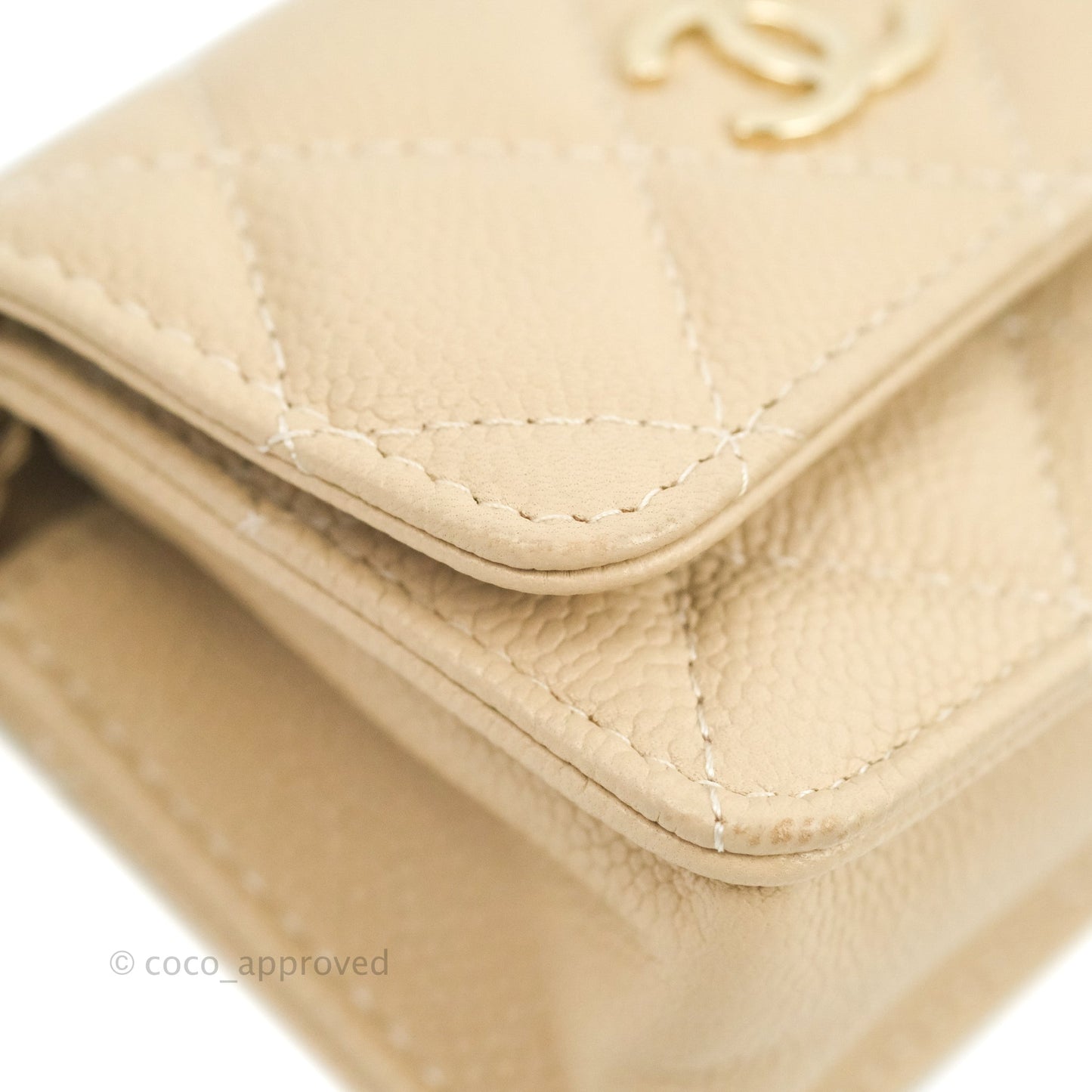 Chanel Quilted Card Holder with CC Chain Beige Caviar Gold Hardware