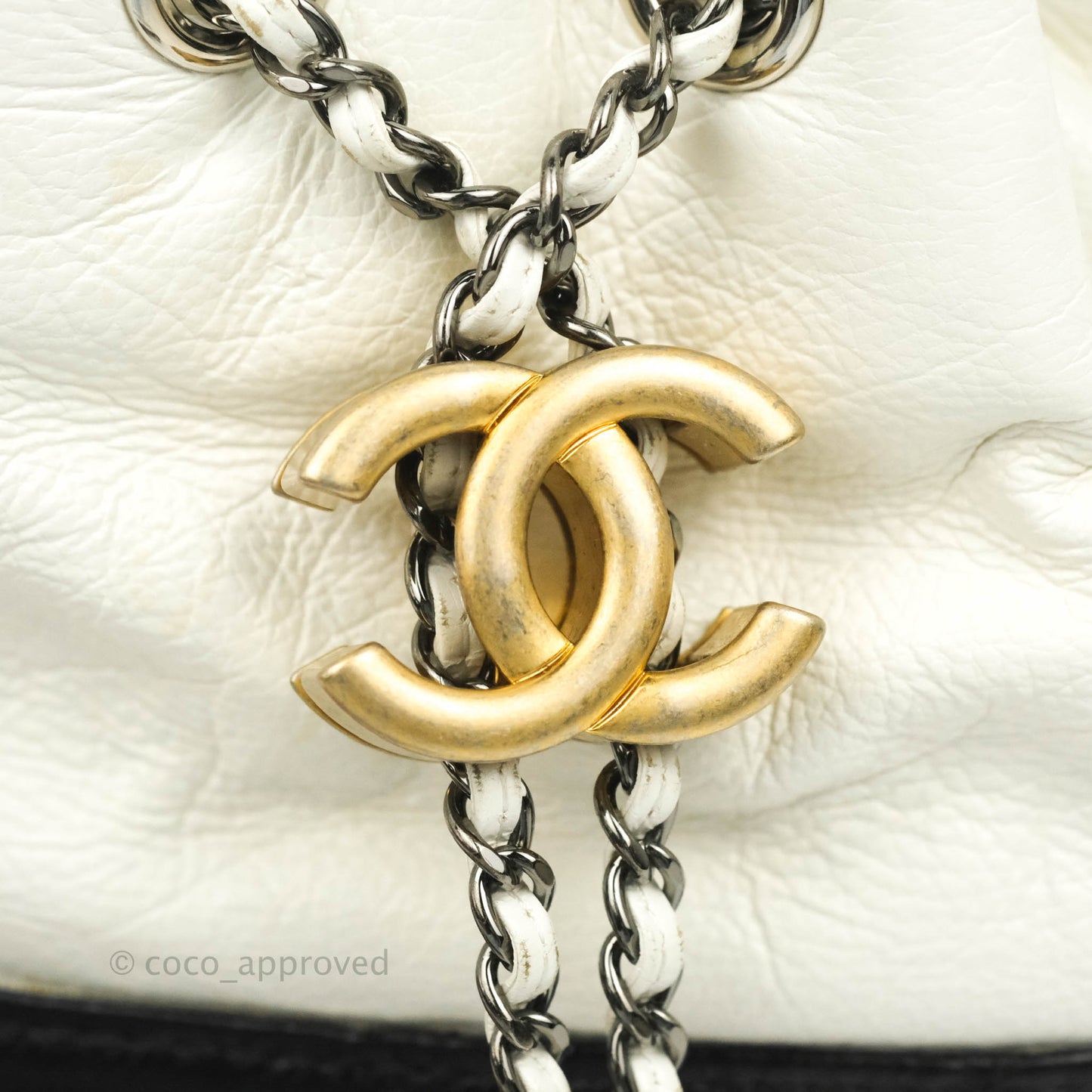 Chanel Small Gabrielle Drawstring Bag White Black Calfskin