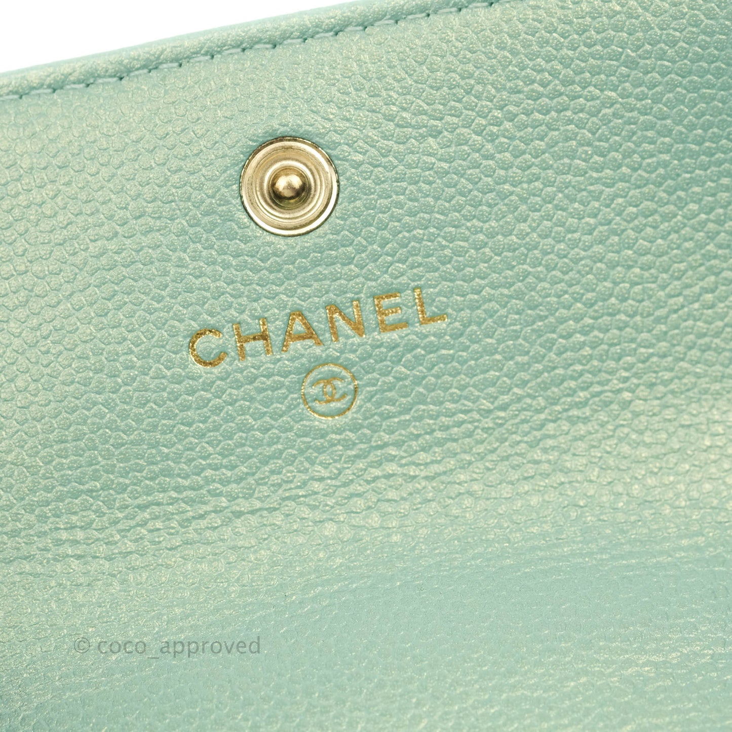 Chanel Quilted Card Holder With Chain Iridescent Mint Caviar Gold Hardware