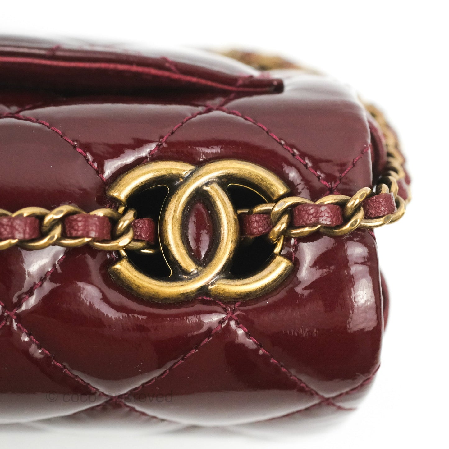Chanel Quilted CC Eyelet Flap Burgundy Patent Goatskin Antique Gold Hardware