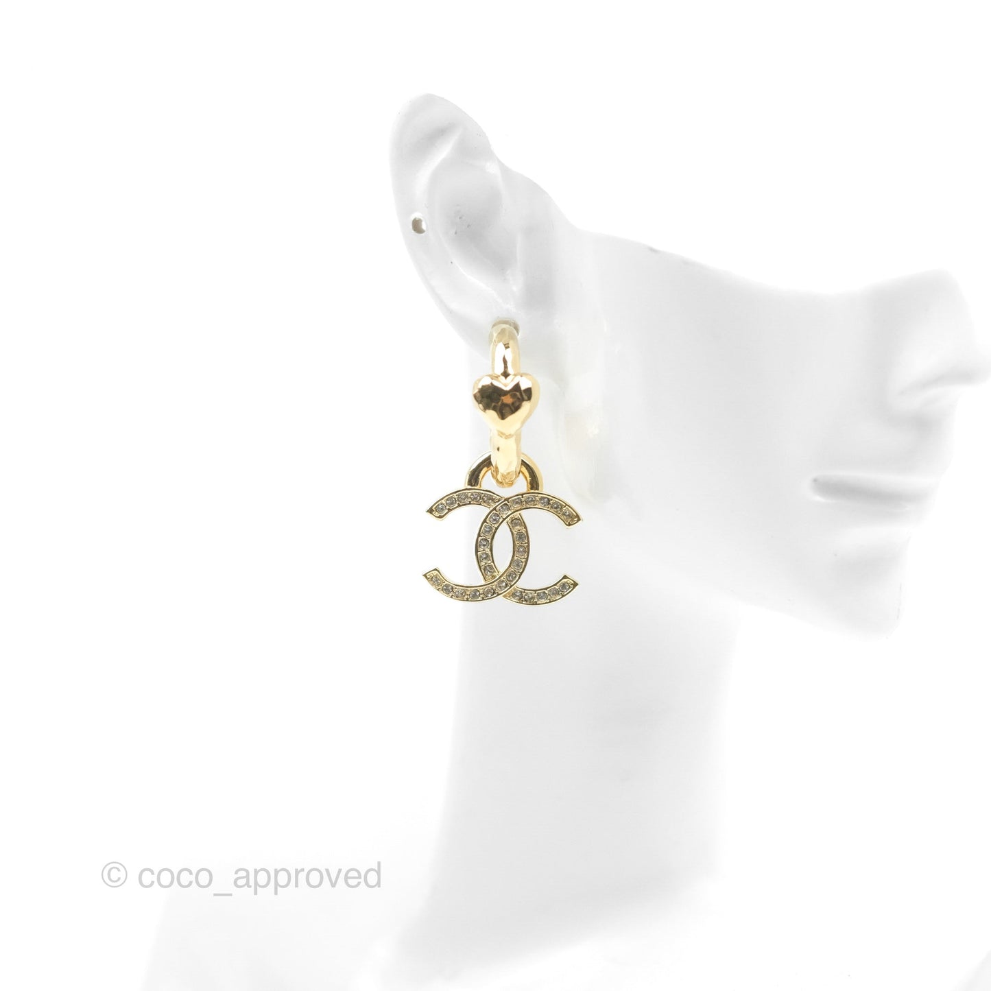 Chanel Heart Crystal CC Drop Hoop Earrings Gold Tone 23P