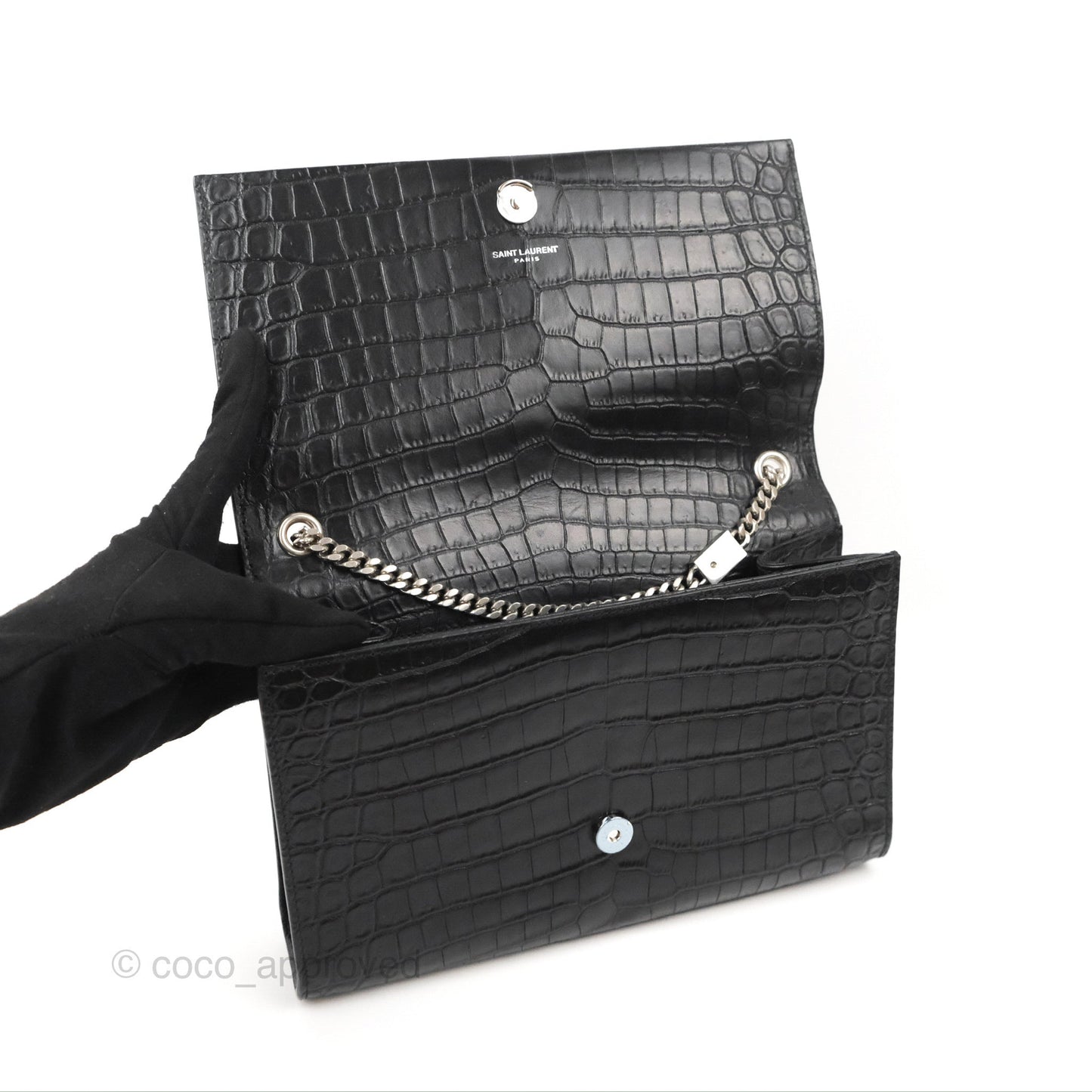 Saint Laurent Medium Kate Tassel Chain Bag Black Crocodile Embossed Calfskin Silver Hardware