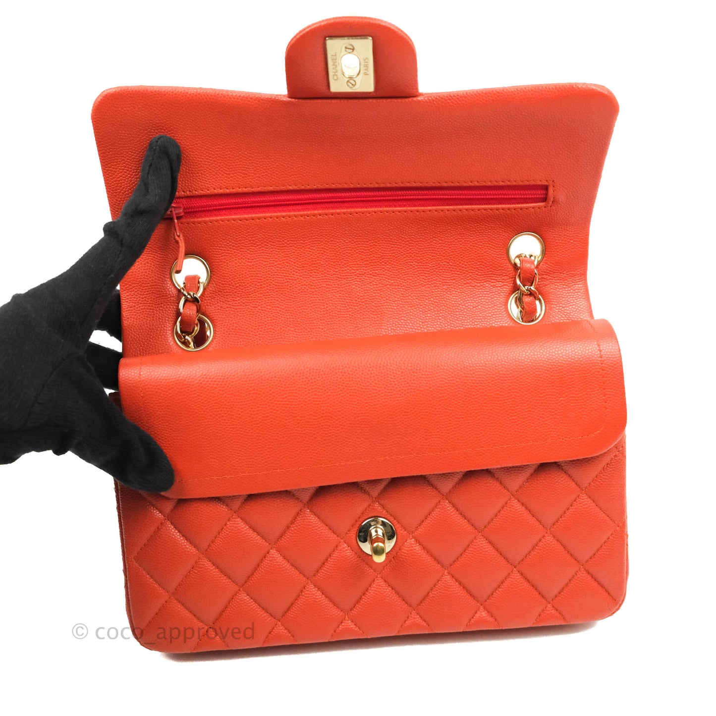 Chanel S/M Small Classic Quilted Flap Orange Caviar Gold Hardware 17B