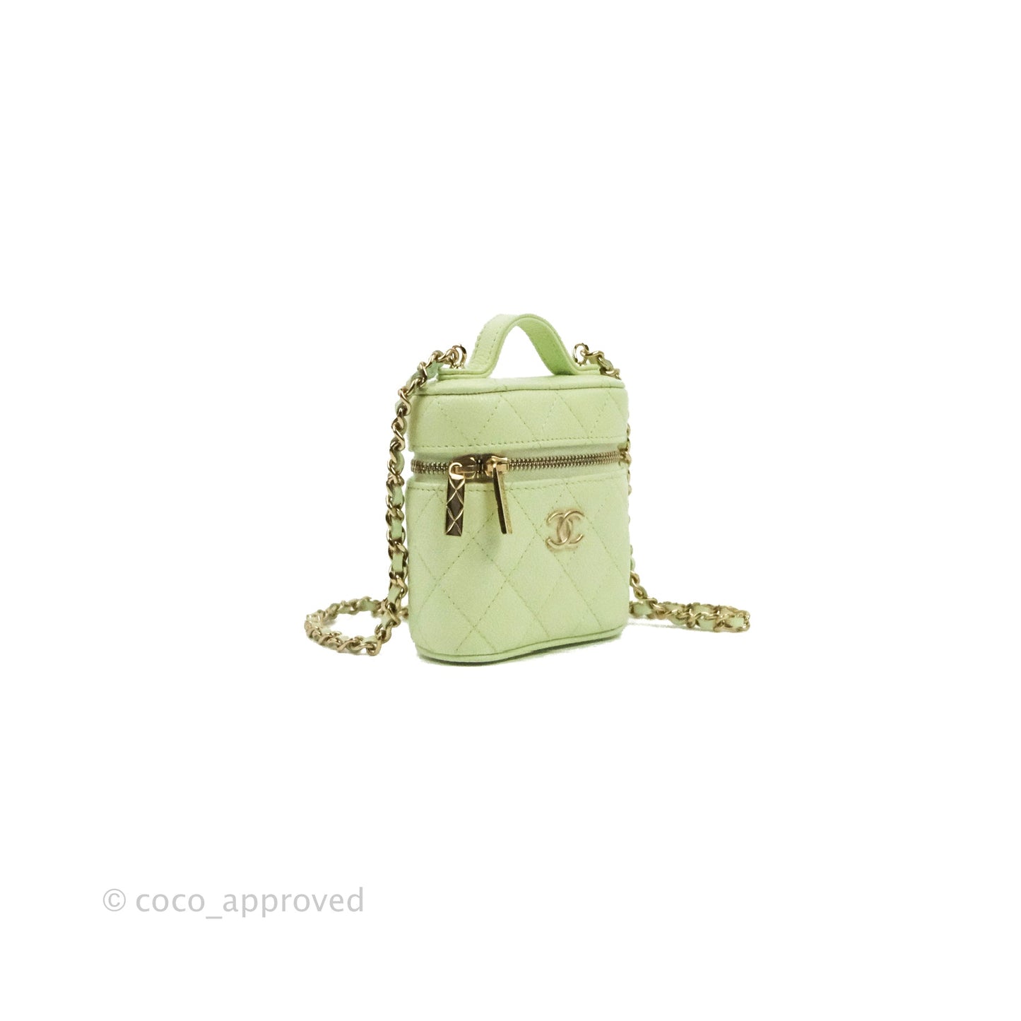 Chanel Quilted Small Handle With Care Vanity Case With Chain Green Caviar Gold Hardware