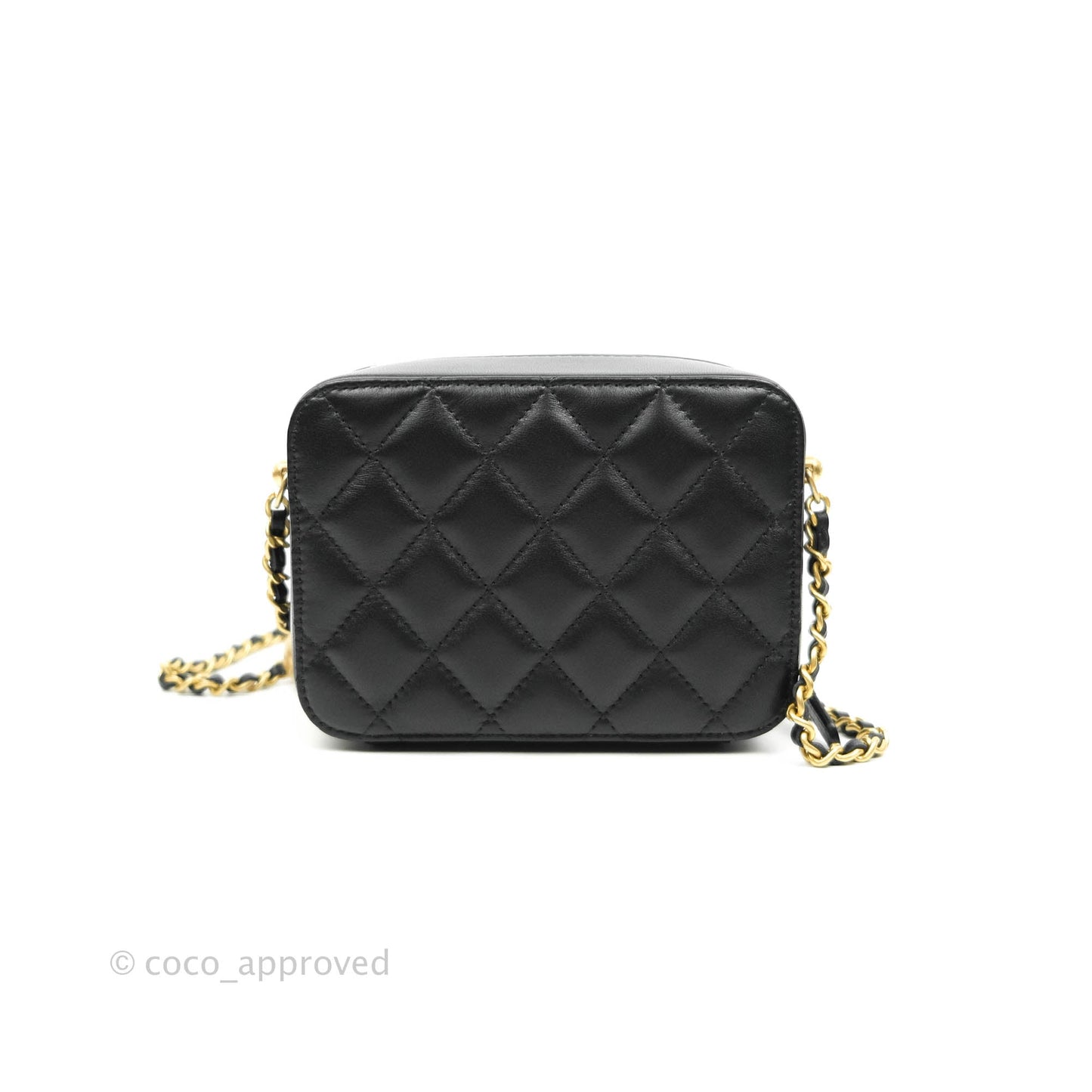 Chanel Mini Pearl Crush Quilted Camera Case Black Lambskin Aged Gold Hardware