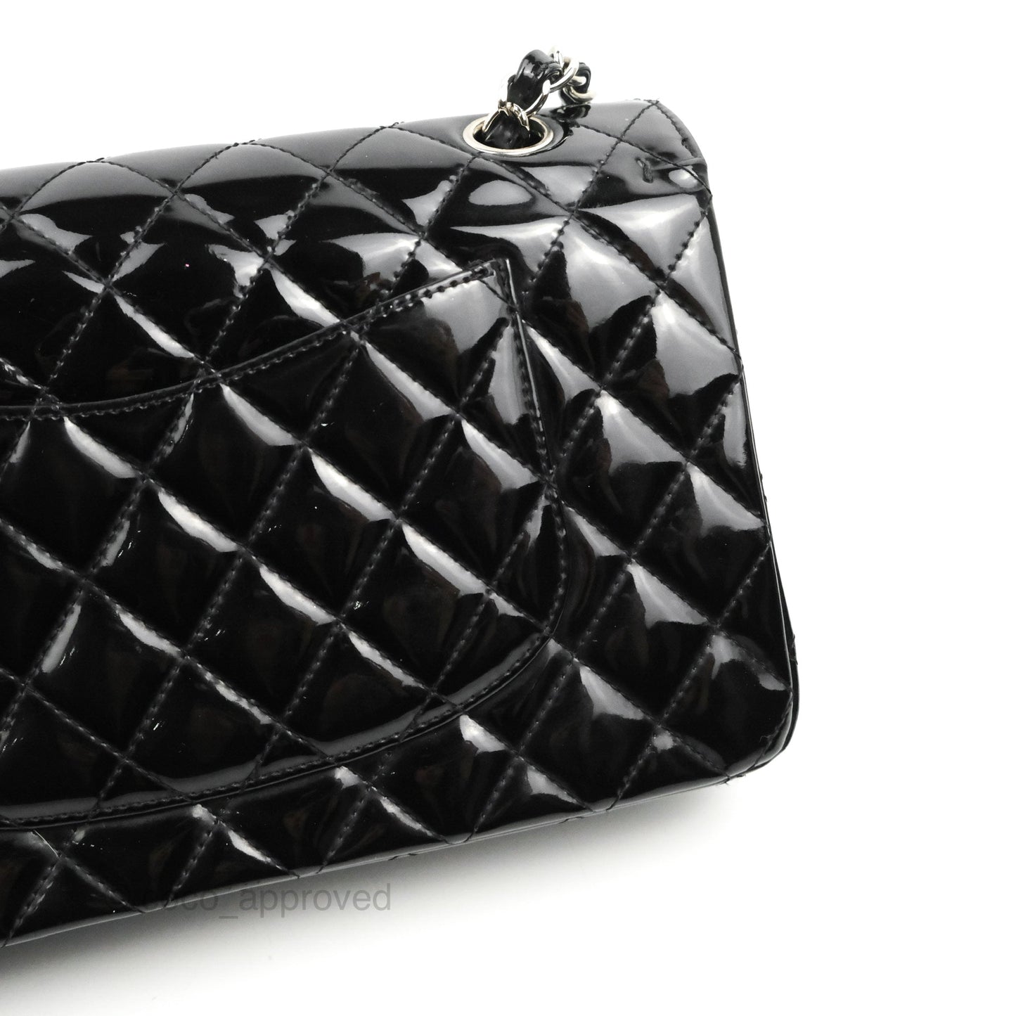 Chanel Classic M/L Medium Flap Quilted Black Patent Silver Hardware