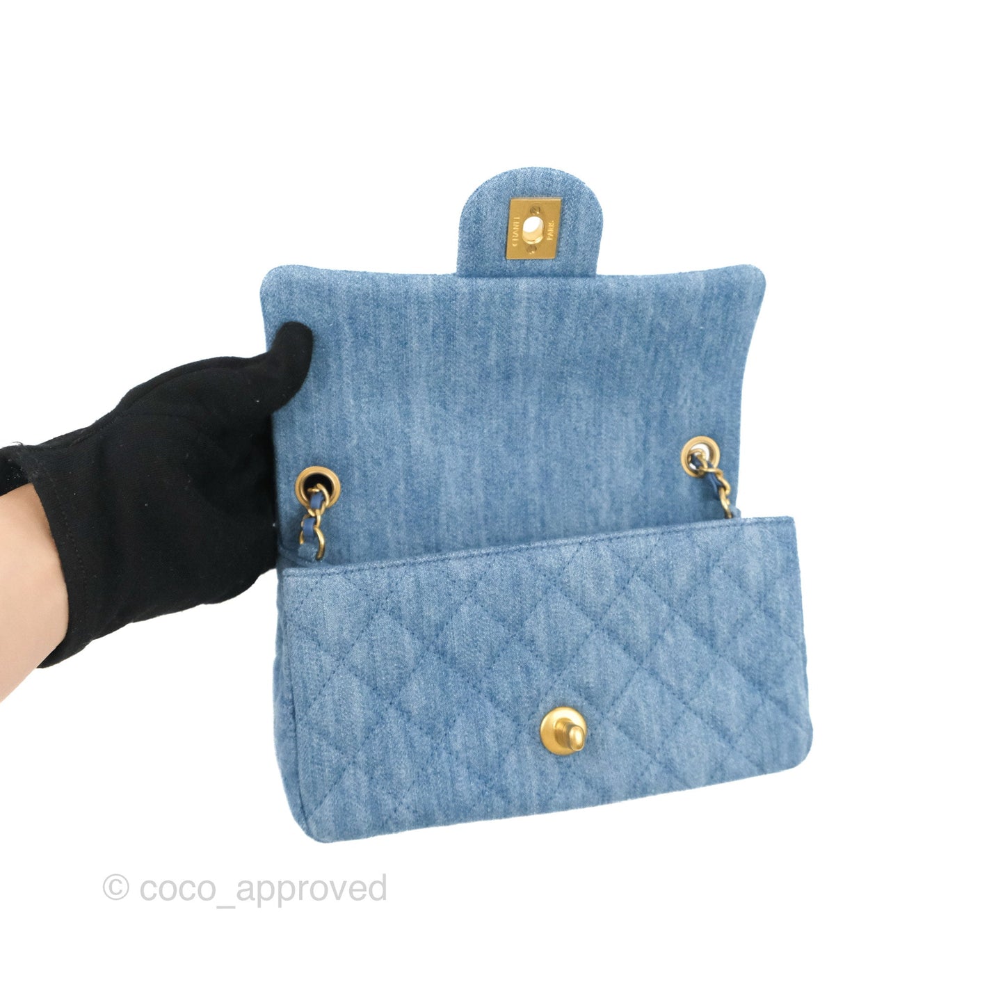Chanel Mini Rectangular Pearl Crush Quilted Denim Aged Gold Hardware