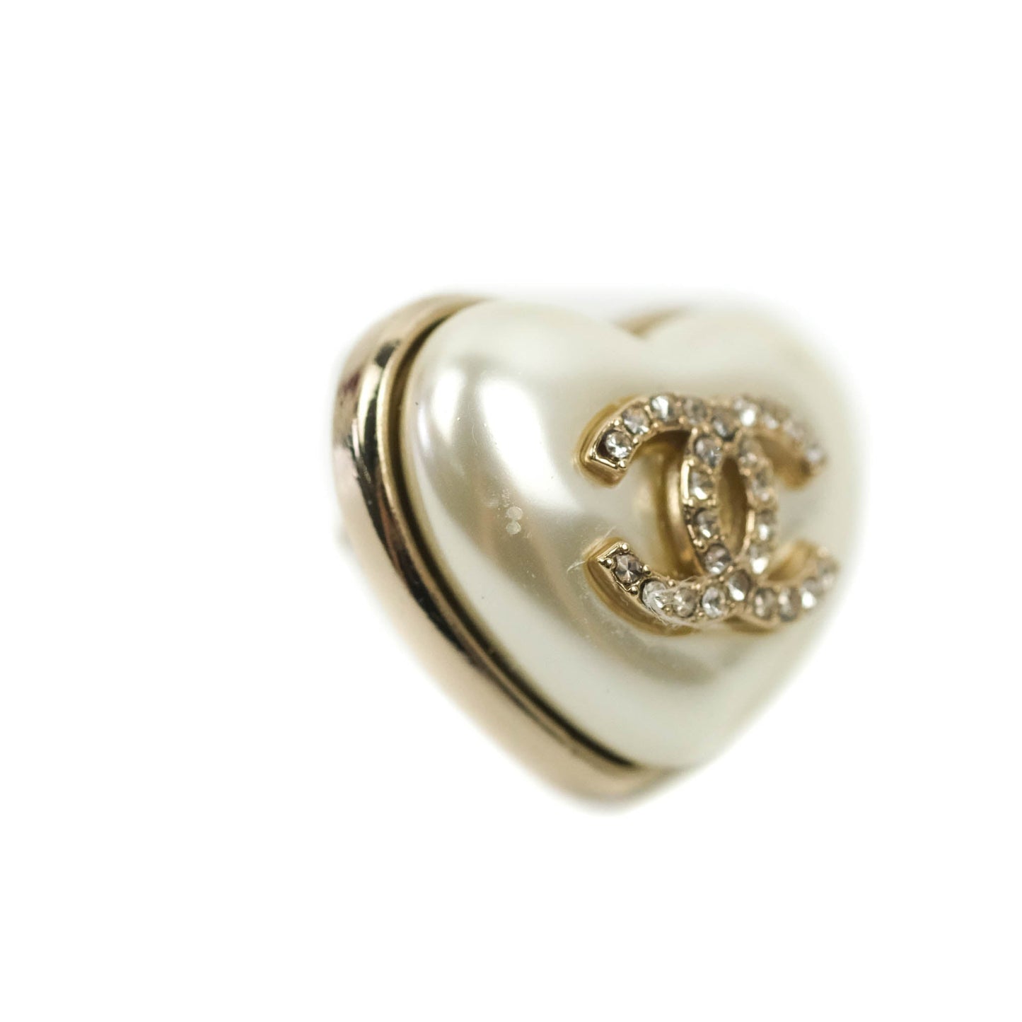 Chanel Crystal CC Pearl Heart Earrings Gold Tone 20A