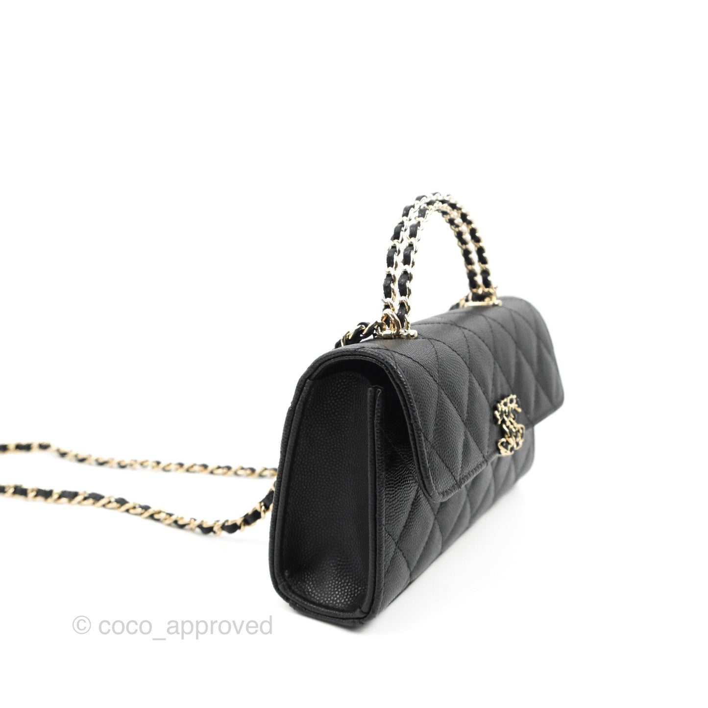 Chanel Top Handle Clutch with Chain Black Caviar Light Gold Hardware 23P