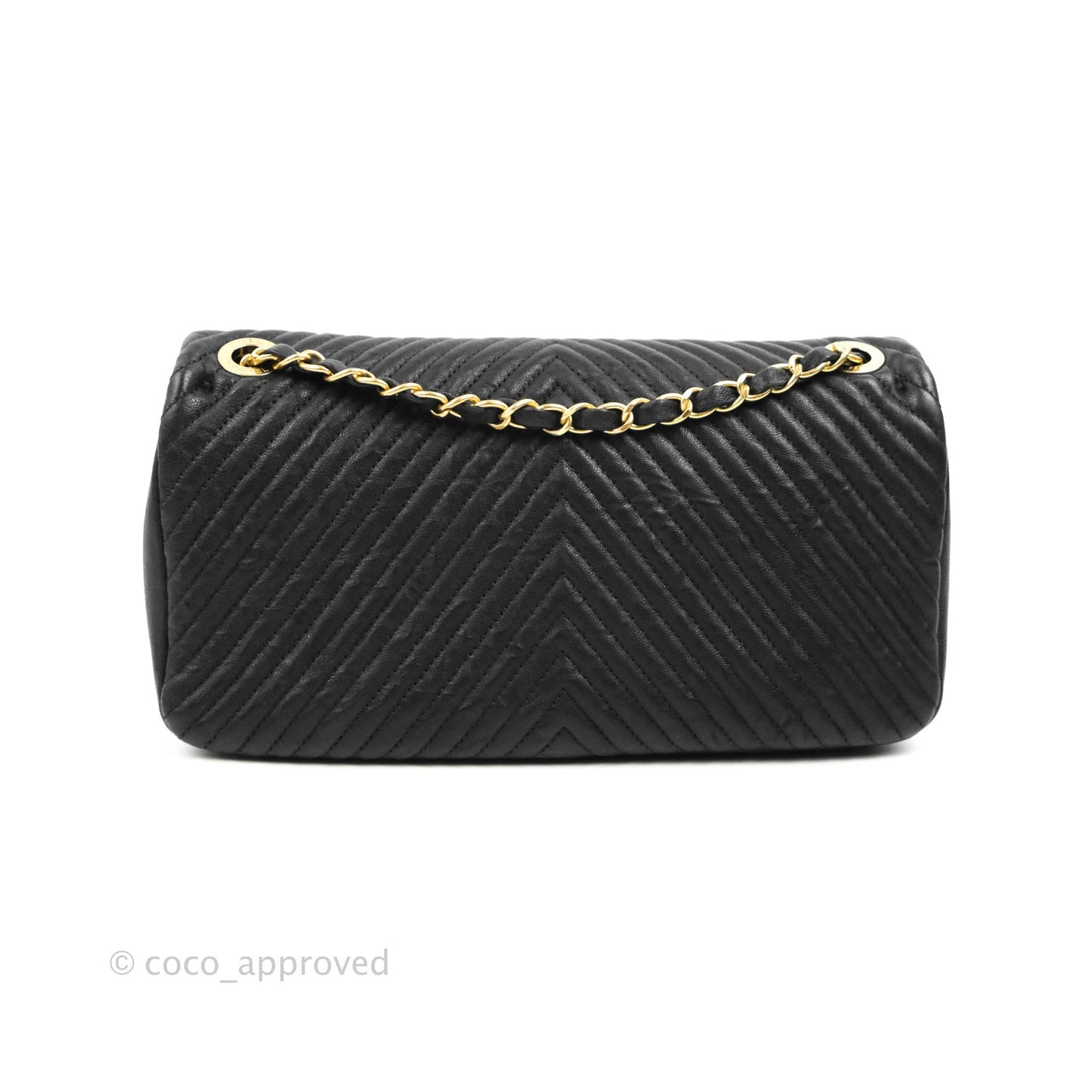 Chanel Medium Chevron Surpique Flap Black Calfskin Aged Gold Hardware