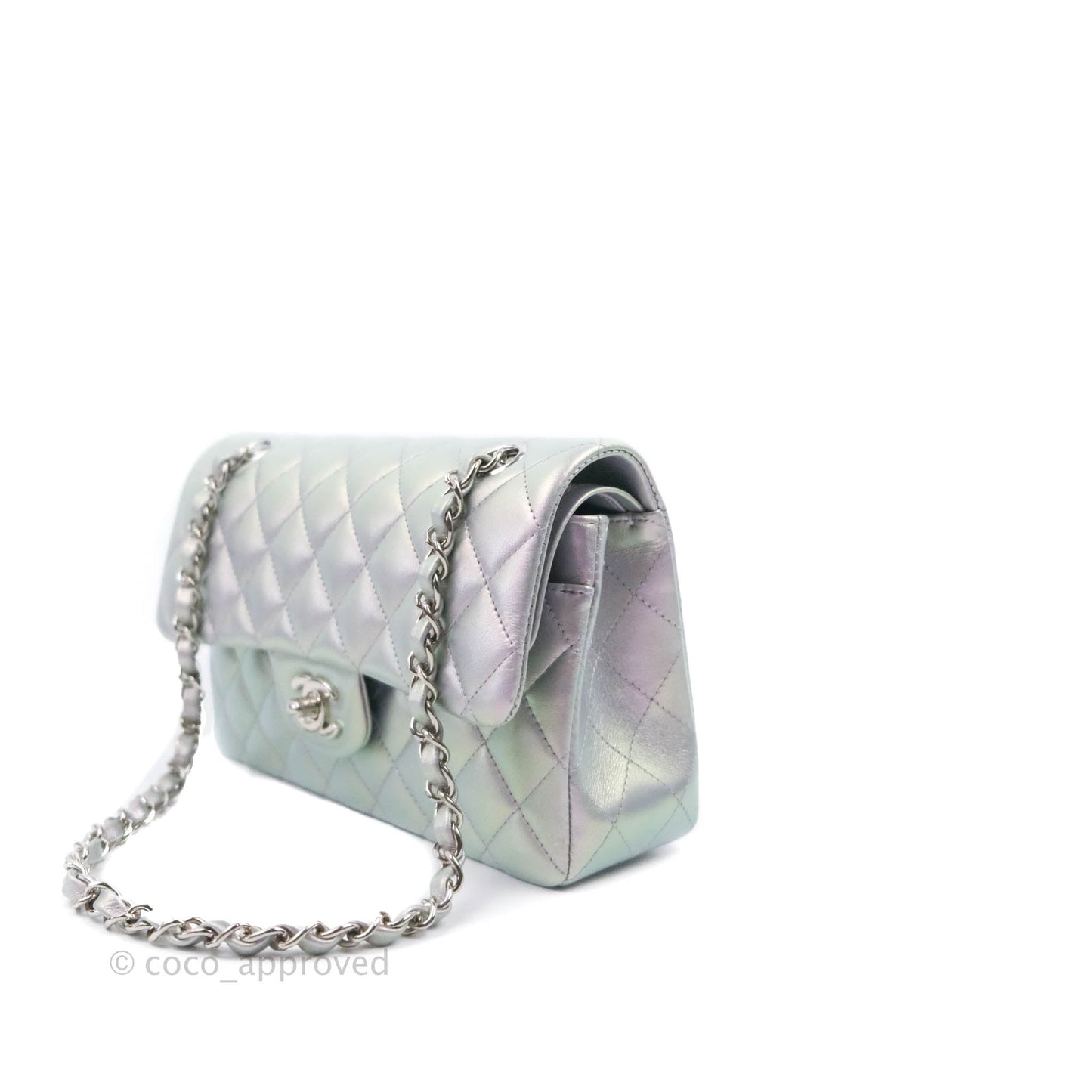 Chanel Small Classic Quilted Flap Metallic Iridescent White Lilac Silver Hardware