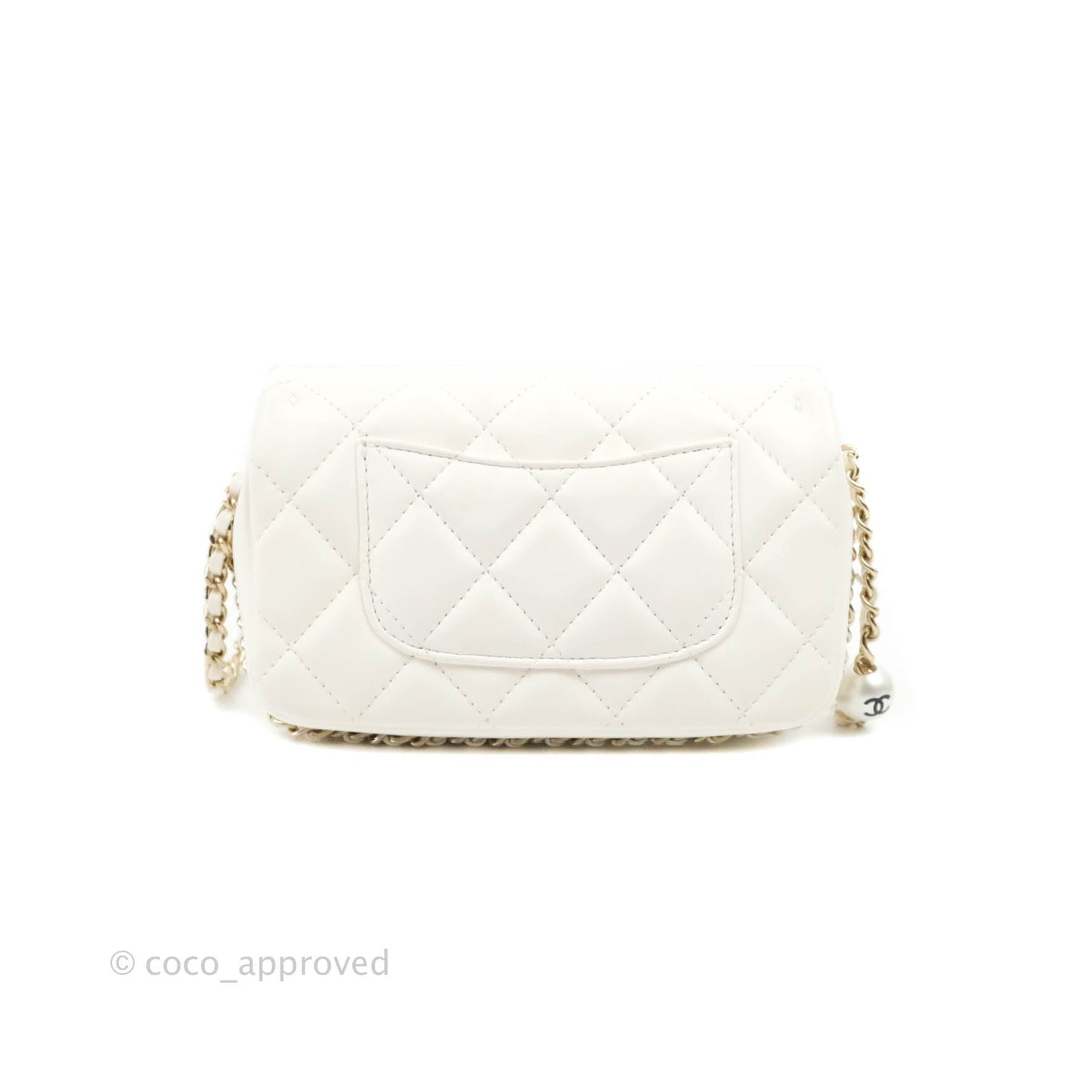 Chanel Small Logo Pearl Chain Flap Bag White Lambskin Gold Hardware