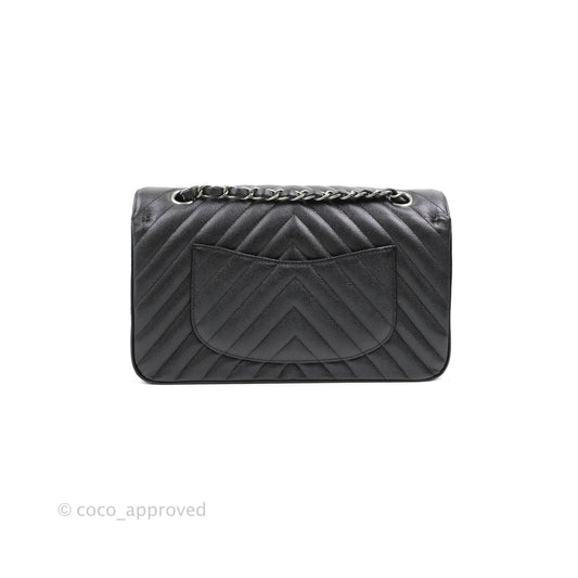 Chanel Classic M/L Medium Chevron Double Flap Iridescent Black Caviar Ruthenium Hardware 17B