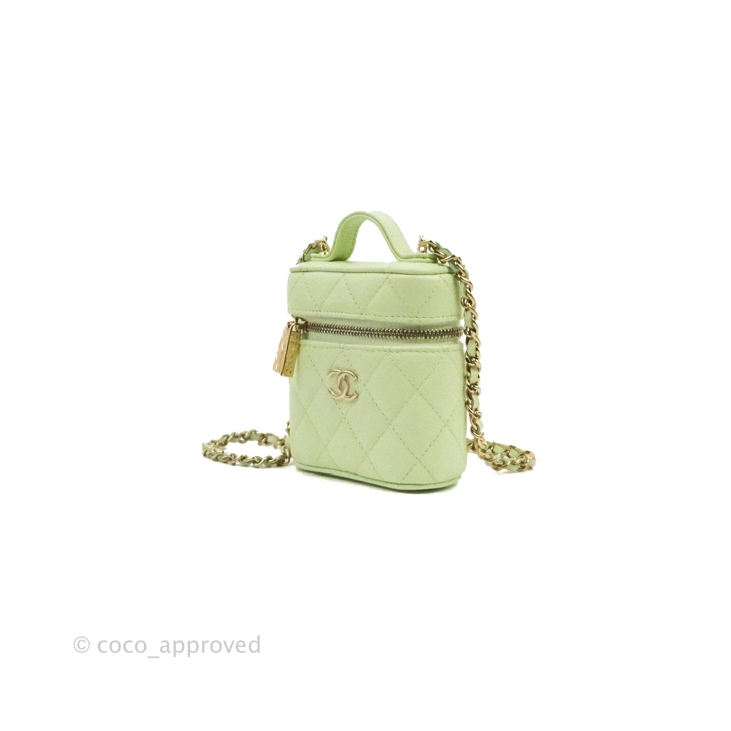 Chanel Quilted Small Handle With Care Vanity Case With Chain Green Caviar Gold Hardware
