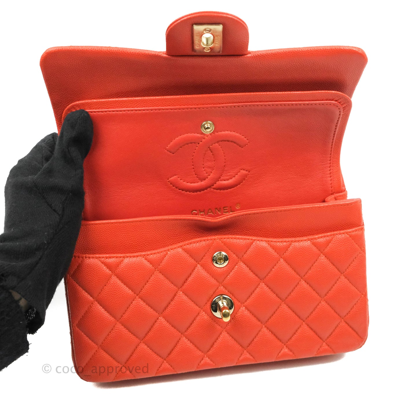 Chanel S/M Small Classic Quilted Flap Orange Caviar Gold Hardware 17B