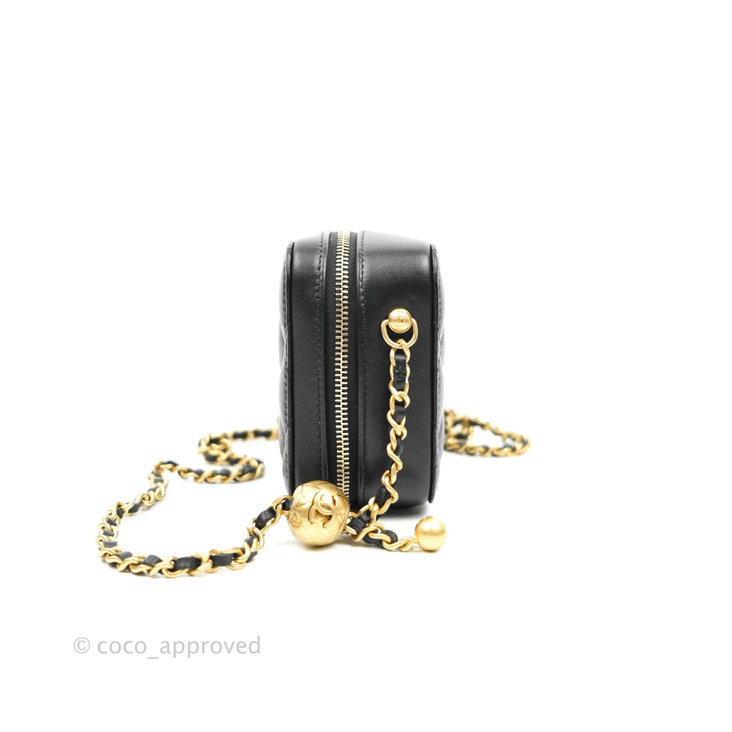 Chanel Mini Pearl Crush Quilted Camera Case Black Lambskin Aged Gold Hardware