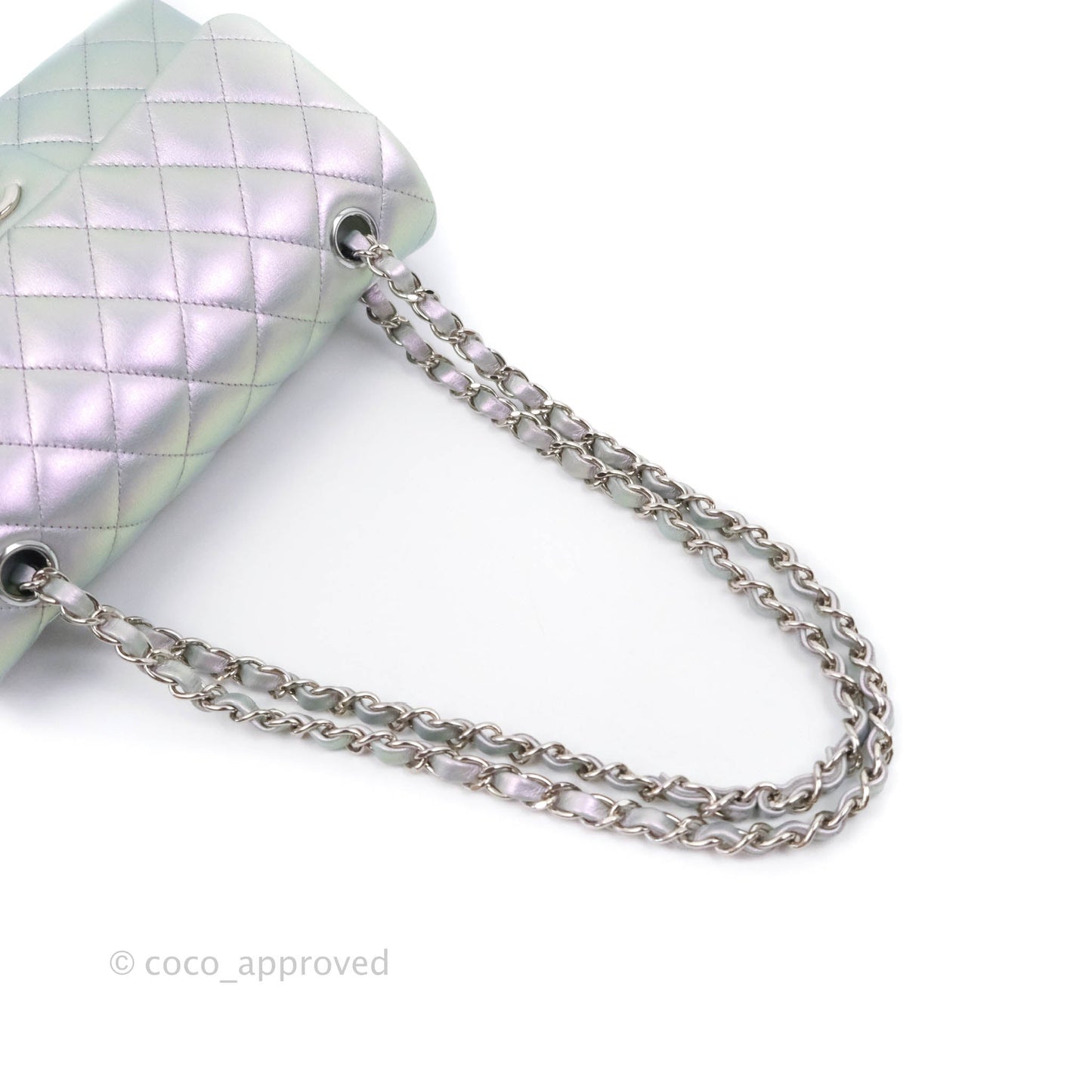 Chanel Small Classic Quilted Flap Metallic Iridescent White Lilac Silver Hardware