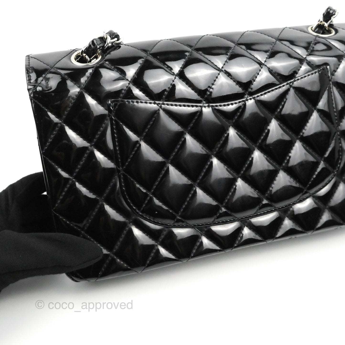 Chanel Classic M/L Medium Flap Quilted Black Patent Silver Hardware