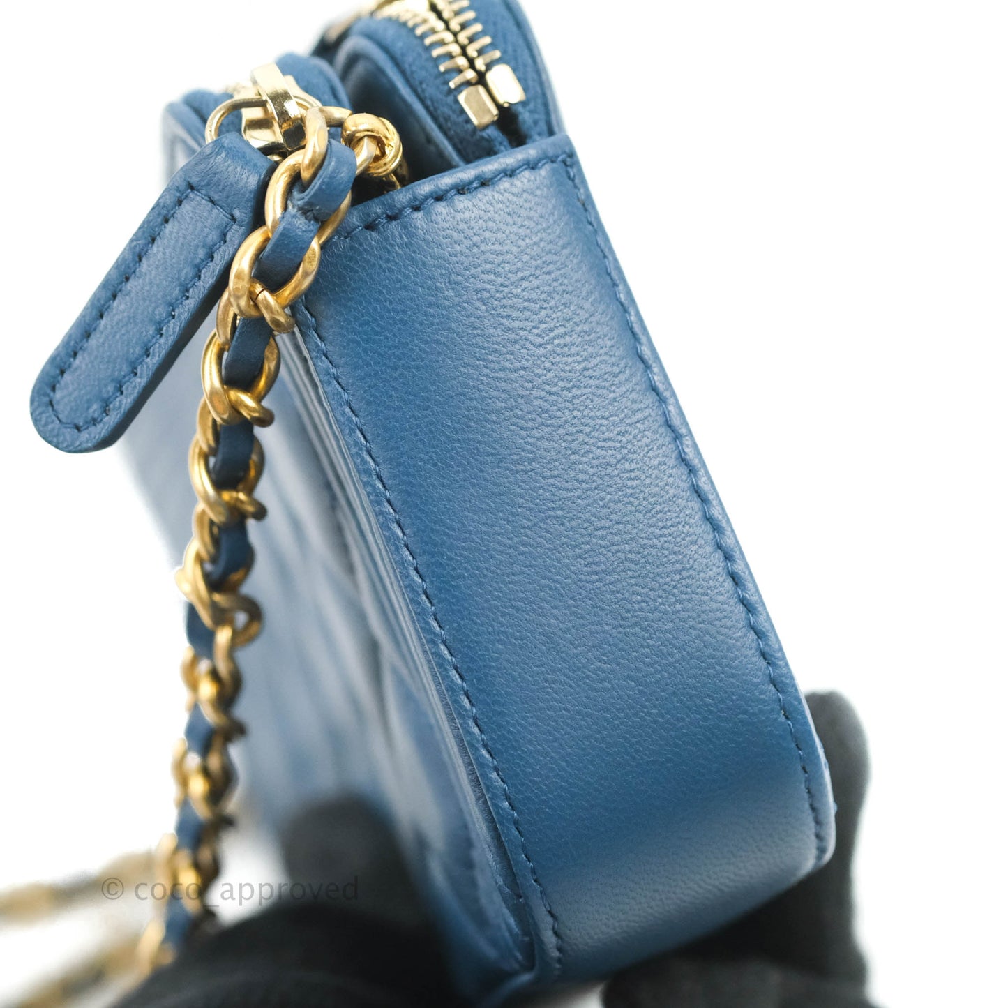 Chanel Boy Double Zip Clutch On Chain Blue Lambskin Aged Gold Hardware